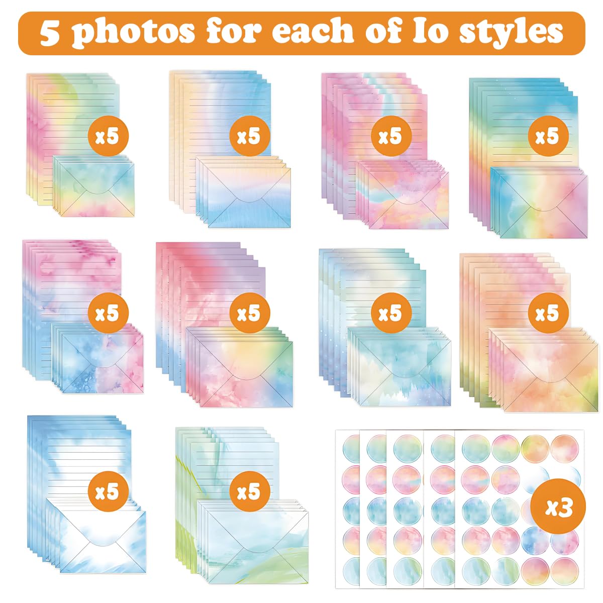 FUNCLASS Stationary Letter and Envelopes, 160 Pcs Watercolor Stationary Set with 50 Lined Stationery Paper 50 Envelopes, 5.5 x 8.25 Inches Cute Stationary, Gifts for Kids, Girls