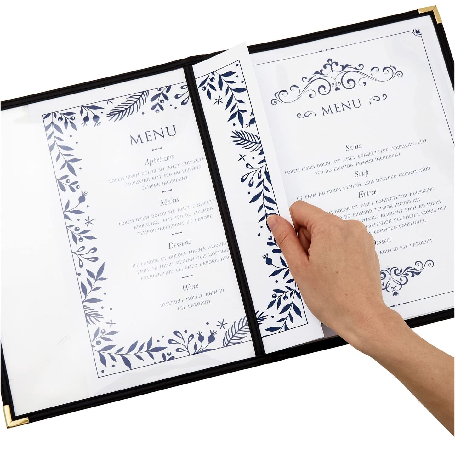 Juvale Clear Menu Covers 8x11 in 4 View - 12-Pack, Letter Size Black PU Leather - Double Panel Clear Sleeves & Gold Metal Corners - Menu Holders for Restaurants & Bars