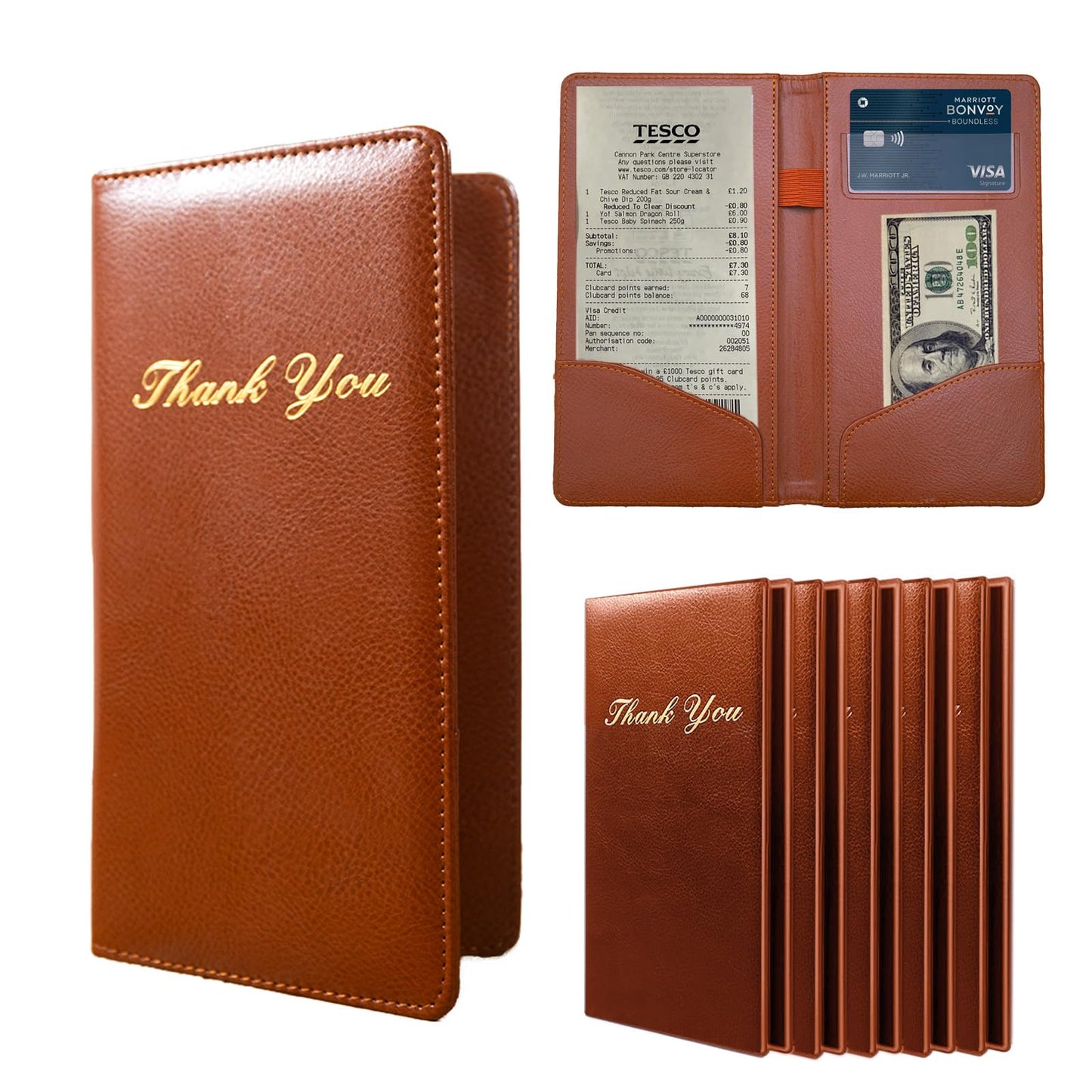 Goodsmart Check Presenters for Restaurant, PU Leather 5 Packs Guest Check Book Waitress Books for Servers (5 Packs, Brown)