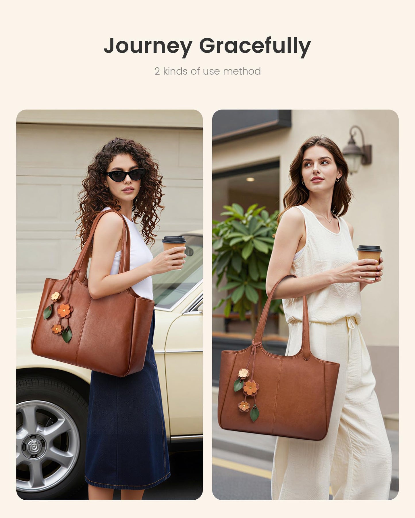 LOVEVOOK Tote Bag for Women, Leather Vintage Work Bag with 40oz Cup Holder,Nurse Teacher Shoulder Bag,Roomy,6 Pockets