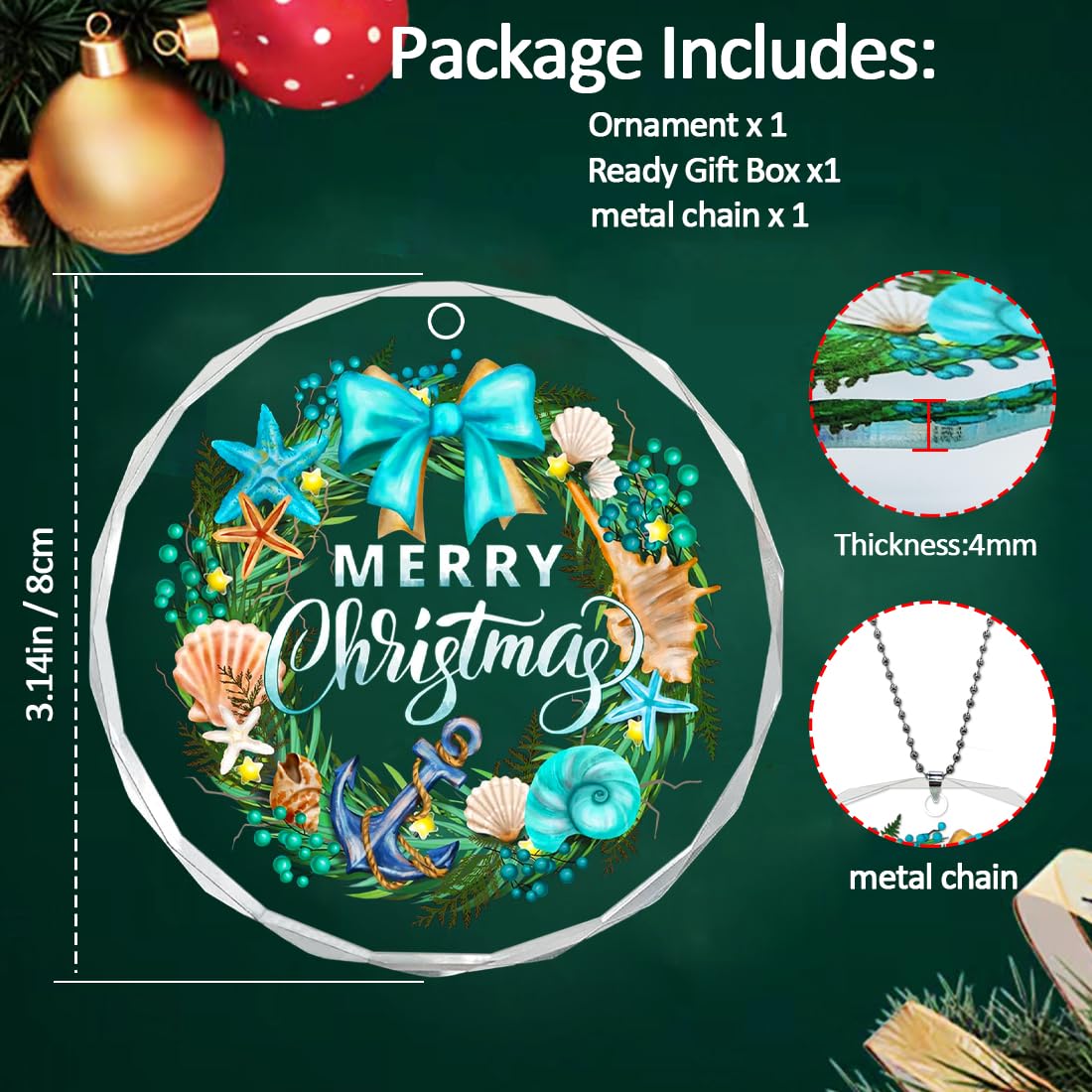 Beach Christmas Ornaments for Christmas Tree, Beach Themed Christmas Ornaments for Shell, Starfish, Anchor, Beach Gifts for Women