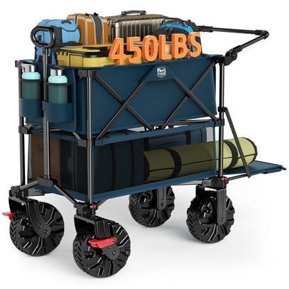 TIMBER RIDGE Push & Pull Double Decker Wagon, 400L Large Capacity Heavy Duty & 450lb Load, Collapsible Cart with All-Terrain Wheels & Brakes, 54” Extended Foldable for Sports, Beach, Camping, Blue