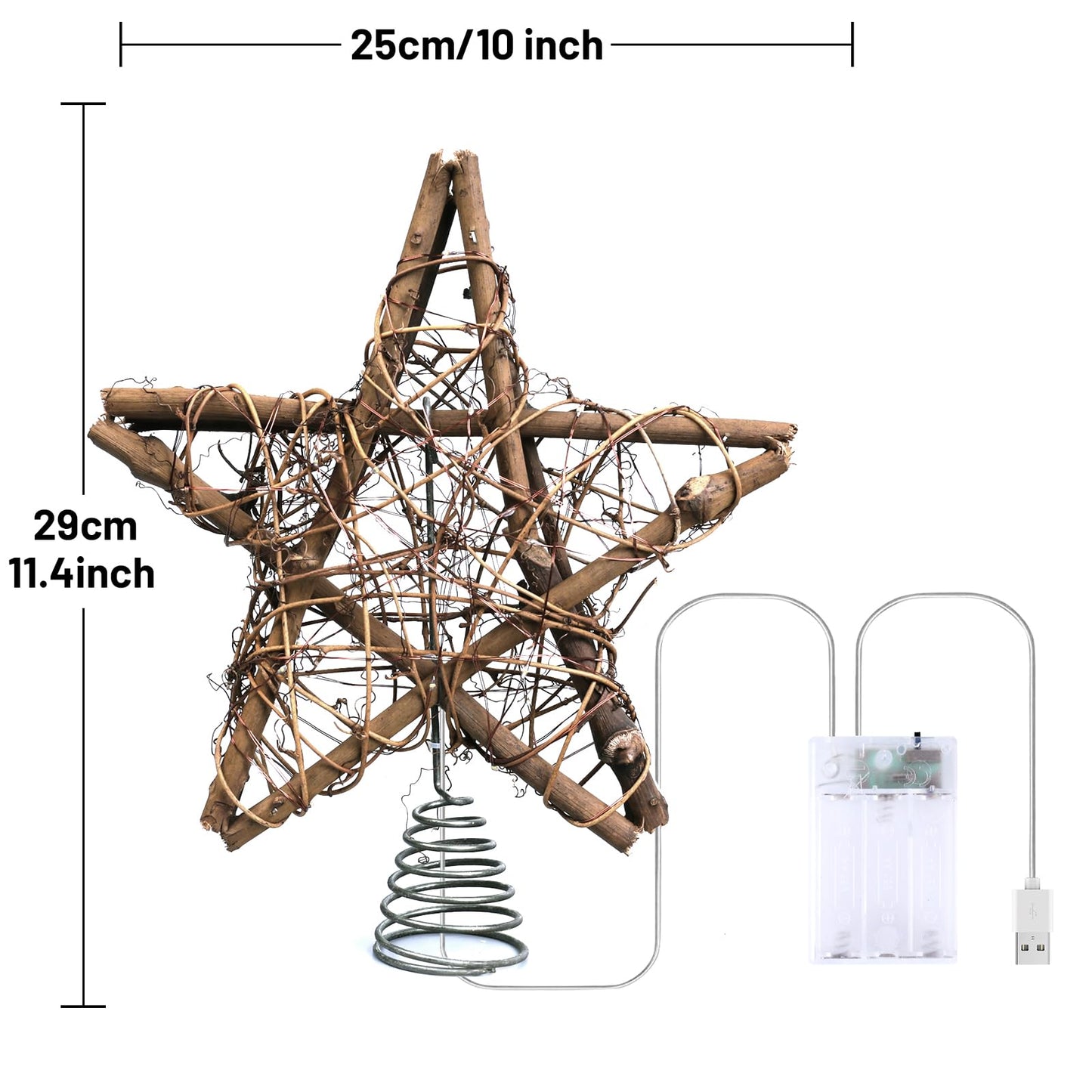 Christmas Tree Topper Star,Rattan Christmas Tree Topper with 50 LED Light,10 Inch Warm White Light Rustic Star for Christmas Tree Decoration Holiday Farmhouse Decor Battery & USB Powered