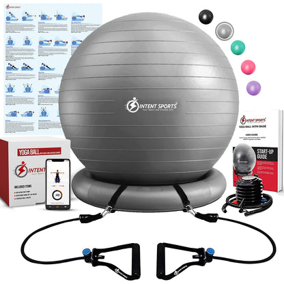 INTENT SPORTS Yoga Ball Chair – Stability Ball with Inflatable Stability Base & Resistance Bands, Fitness Ball for Home Gym, Office, Improves Back Pain, Core, Posture & Balance (65 Cm)