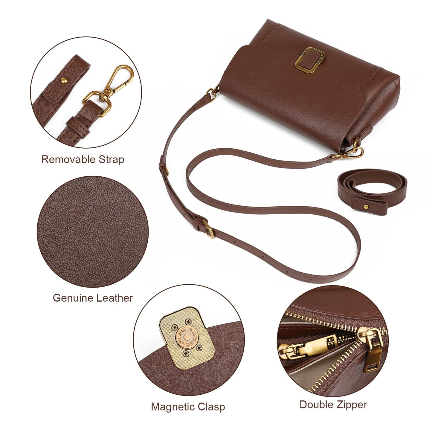 MoreFarther Genuine Leather Crossbody Bag for Women, Removable Satchel Adjustable Shoulder Bag (Black)