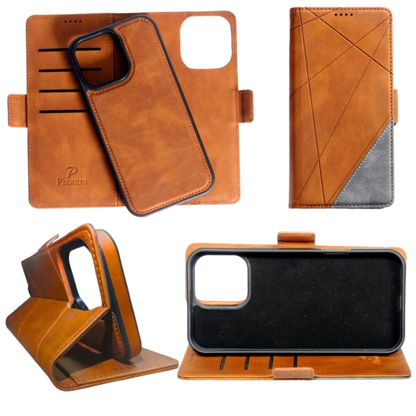 EMF Protection Anti Radiation Cell Phone Wallet Case for iPhone, EMF Blocker Genuine Leather Flip Folio Phone Cover, RFID Blocking Card Holder, MagSafe Case Wallet (Brown/Gray, iPhone 13 Pro)