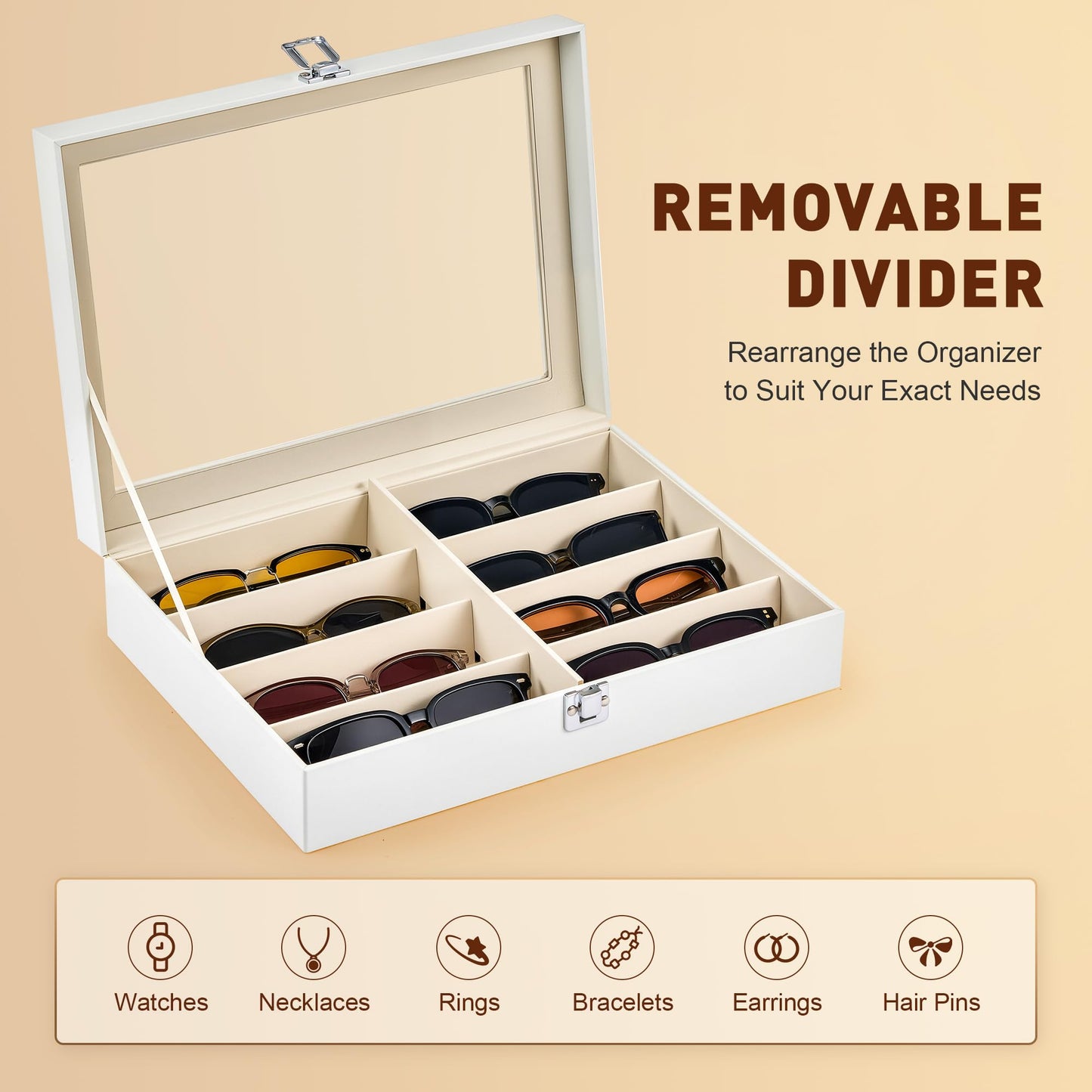 CO-Z Sunglasses Organizer with 8 Slots, Leather Eyeglasses Storage Box for Multiple Glasses, Lockable Display Case for Women Men, Glasses Holder for Watches Jewelry Collection, White