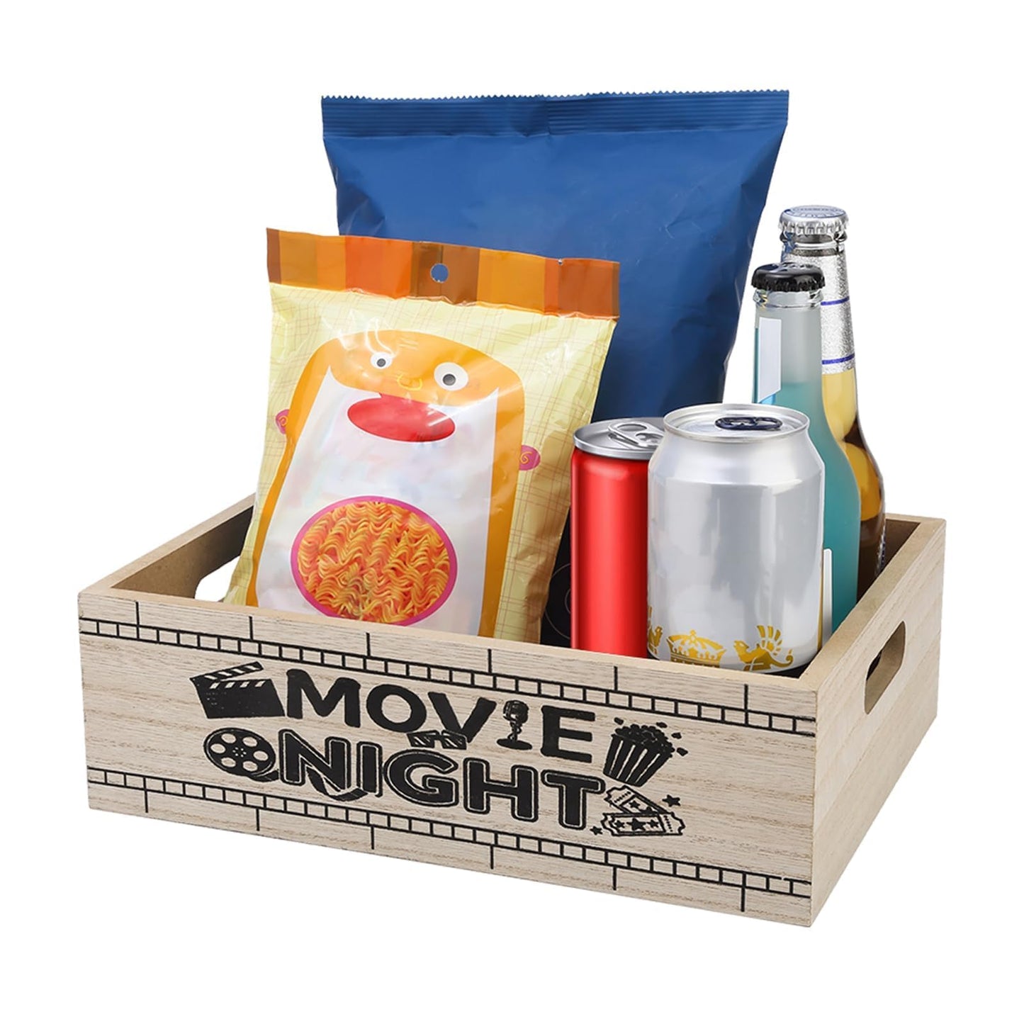 ZQUDBF Wooden Movie Night Snack Tray with Handles – Reusable Popcorn Bucket Organizer for Theater Room Decor – Sturdy Gift Basket for Family Movie Nights & Holiday Parties (Movie Night)