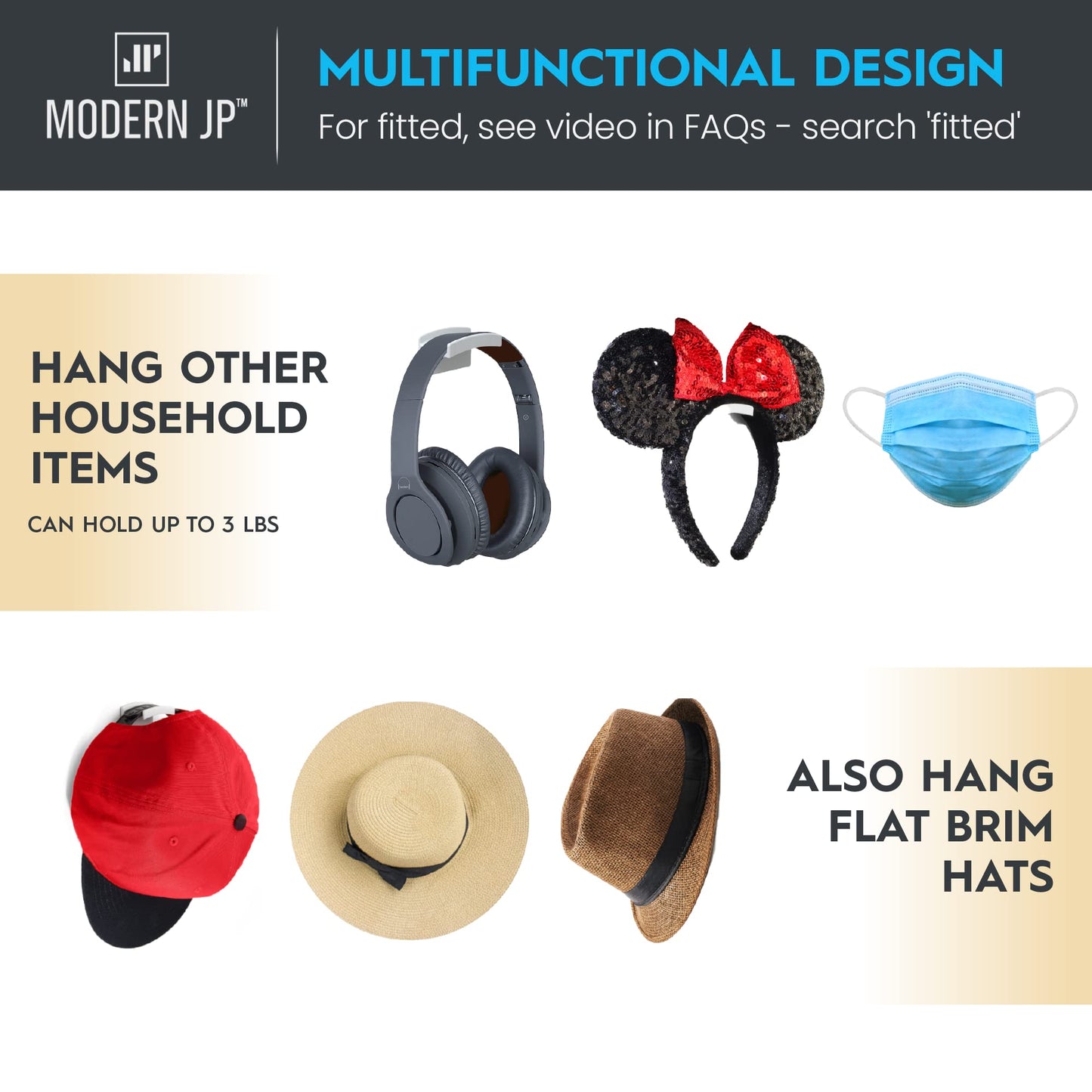 Modern JP Adhesive Hat Hooks for Wall (16-Pack) - Minimalist Hat Rack Design, No Drilling, Strong Hold Hat Hangers - USA Patented, White