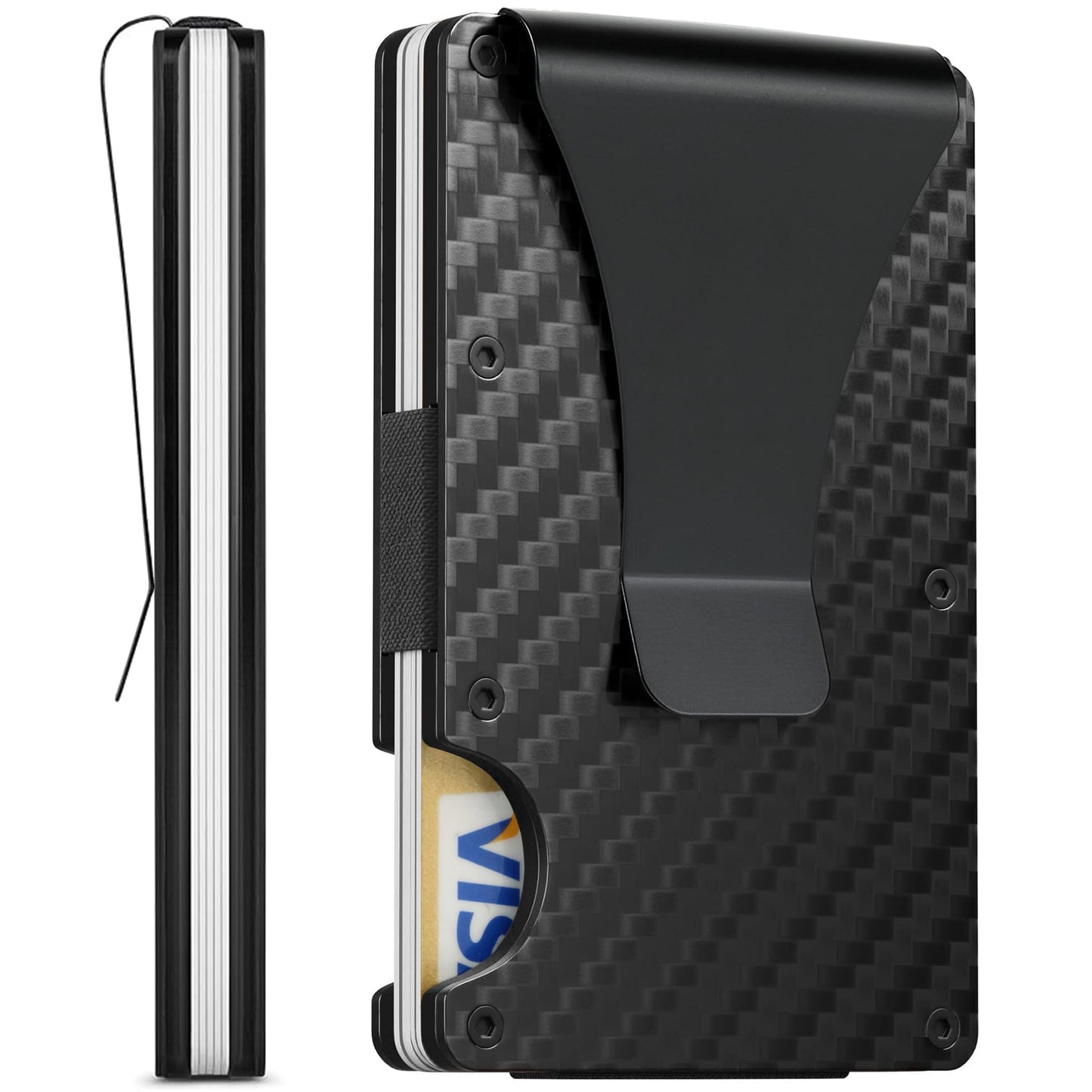 FIRDIKT Carbon Fiber Minimalist Wallet for Men, Slim Metal RFID Blocking Wallet Credit Card Holder Money Clip & Cash Strap, Scratch-Resistant Holds 15 Cards,Ideal Gift for Men | Matt Carbon Fiber