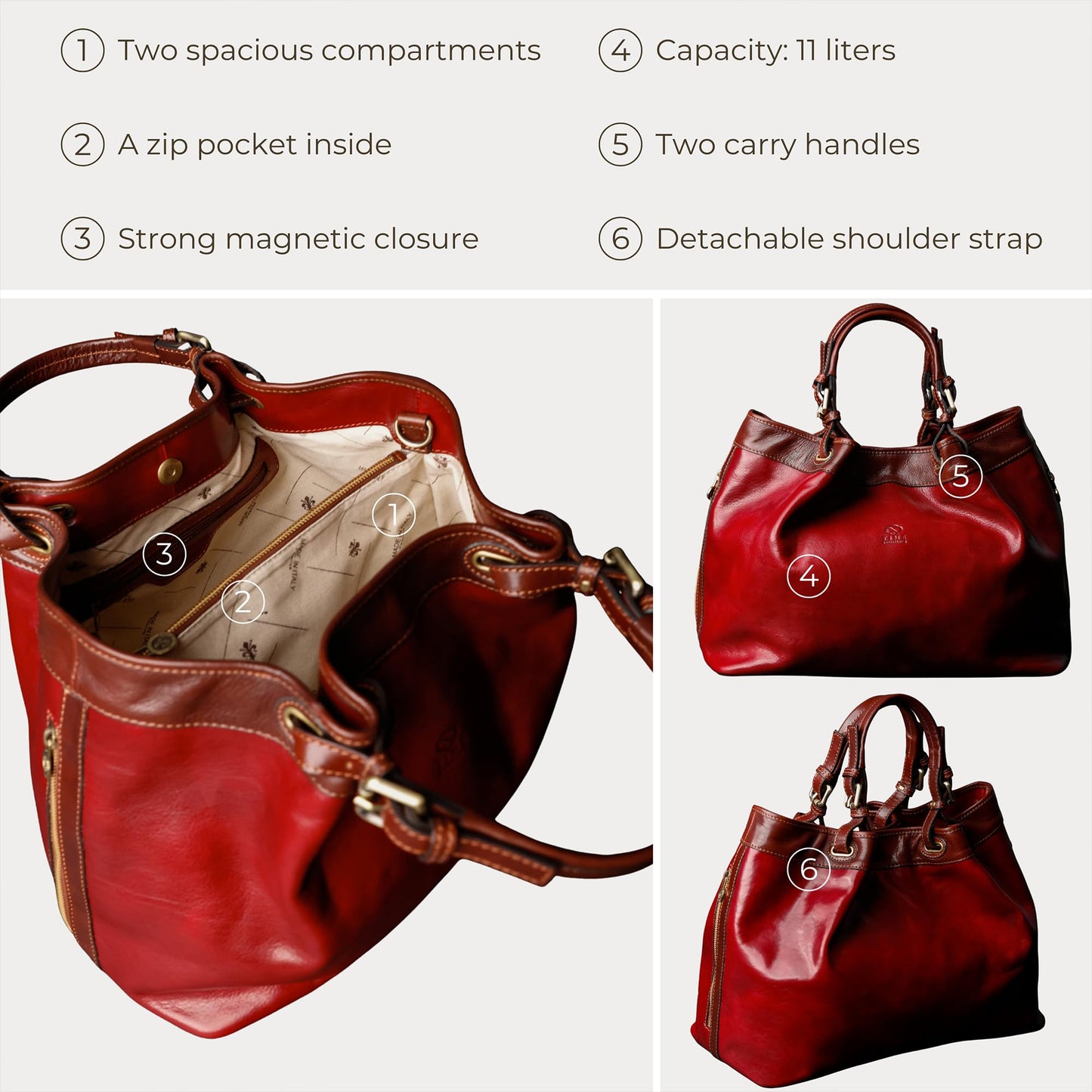 Time Resistance Leather Handbag - Full-Grain Leather Top Handle Purse for Women (Red)