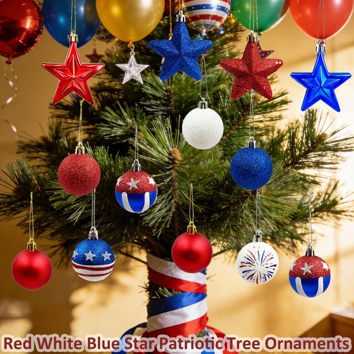 Patriotic Ornaments Hanging Balls - 32 Pcs 4th of July Independence Day Tree Ornaments Memorial Day Red White Blue Stars Balls for Veterans Day Holiday Party Home Christmas Tree Decor