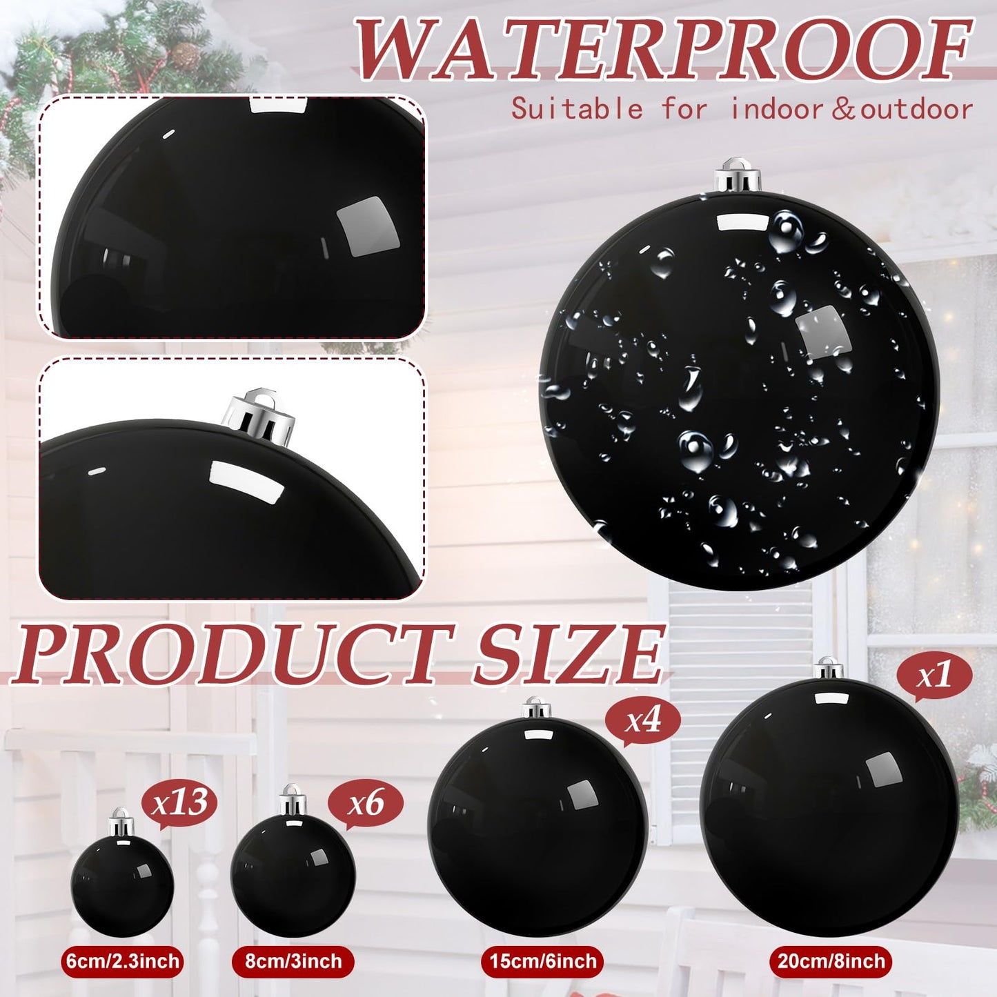 Marsui 24 Pcs Giant Christmas Balls Ornaments Extra Large Outdoor Black Christmas Ornament 8'' 6'' 3'' 2'' Large Xmas Balls Bulk Plastic Shatterproof for Xmas Tree Lawn Yard Porch (Frosted and Shiny)