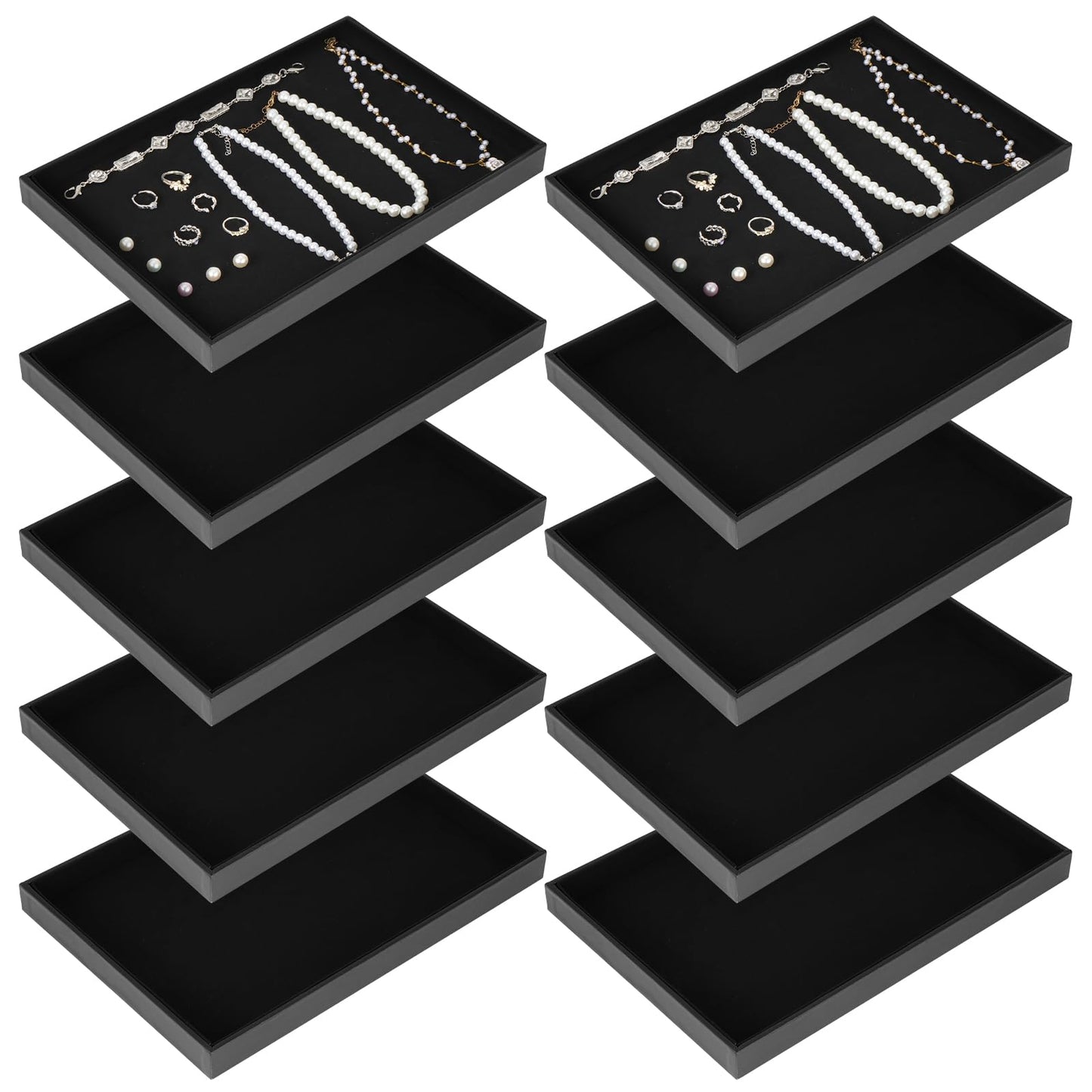 10 Pcs Velvet Stackable Jewelry Tray Showcase Display Jewelry Organizer Tray for Drawers Countertop, Empty Plate for Necklace, Ring, Bracelet Organizing, and Earring Storage Display (Black)