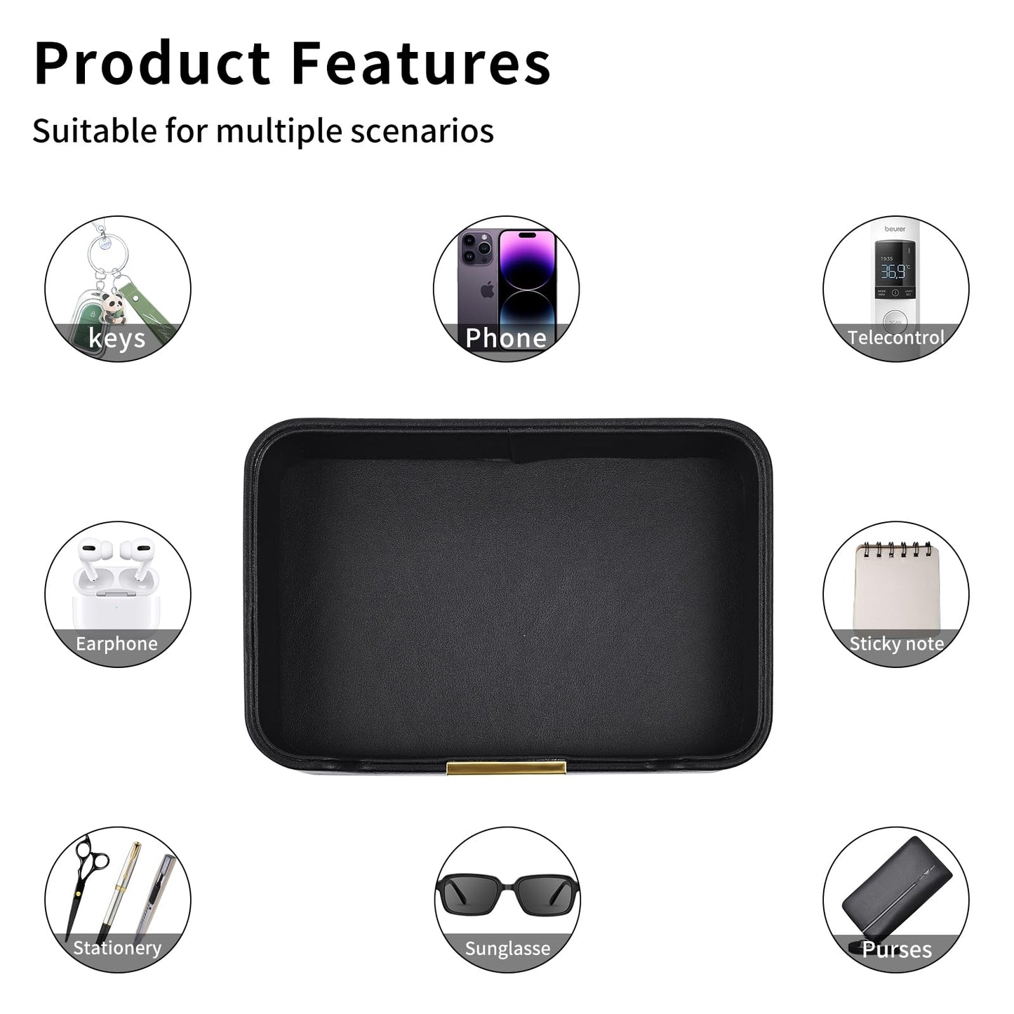RHCSZ Luxury Leather Valet Tray Desktop Storage Organizer,Bedside Vanity Catchall Tray Nightstand Caddy Holder for Cosmetic,Jewelry,Watch,Keys,Phone,Wallet,Remote Controller,Pen,Black