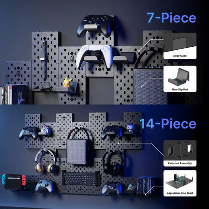 PEGZONE Controller and Headphone Holder Wall Mount, Modular Gaming Pegboard with Accessories, Controller Stand for Xbox PS5 PS4 Switch, Video Game Storage, Disc Shelf Organizer, 7pcs Pegboard, Black