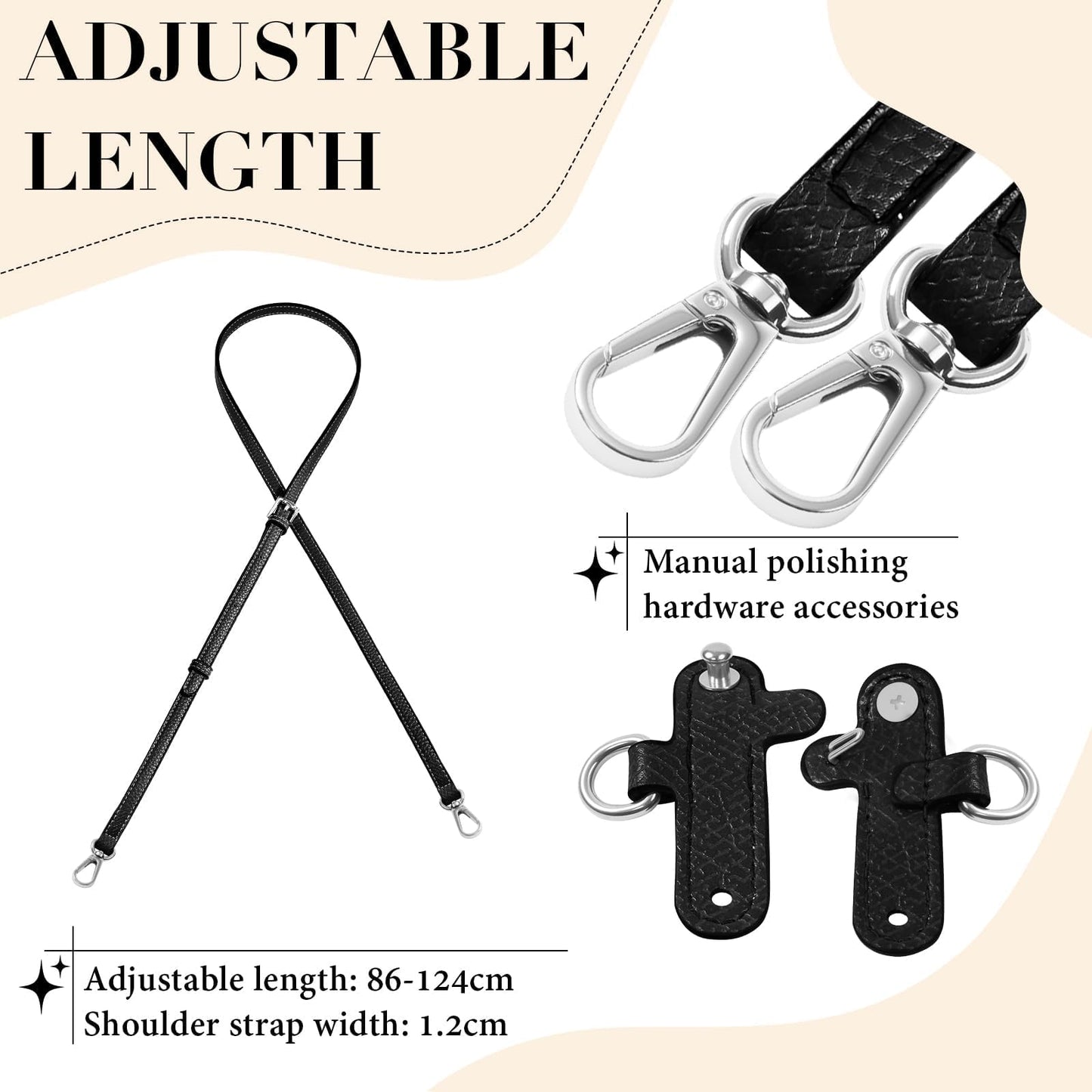 Gripooaven Mini Bag Strap Kit for Longchamp Black, Adjustable Leather Crossbody Shoulder Strap for Small Pouches, Purses and Handbags (Black Silver)