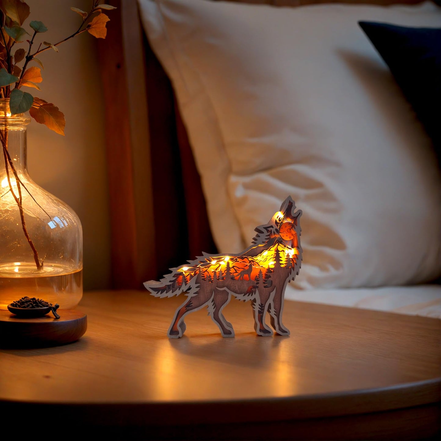 Drawelry 3D Wood Carving Animals Lamp Home Decorative, Cute Bear Family Elephant Presents Ideas Christmas Living Room Office Decor Warm LED Night Lights Gift for Friend Daughter Son Mom Dad (Wolf)
