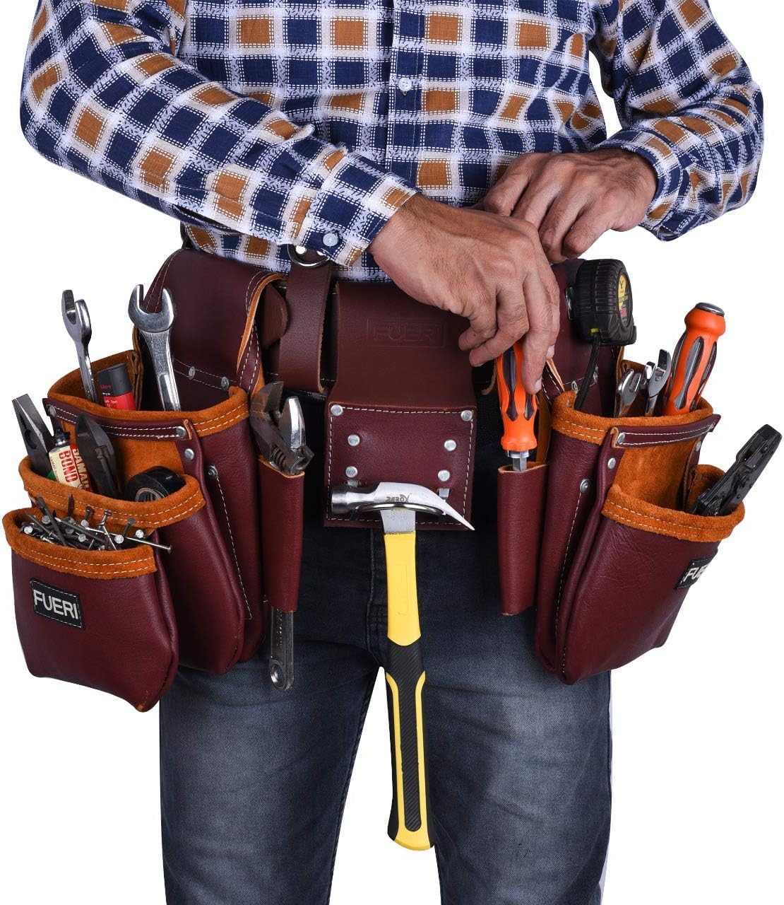 FUERI Leather Tool Belt 17 Pocket Pouches Bags Men Suspenders Holder Organizer for Carpenter Construction Electrician - Maroon