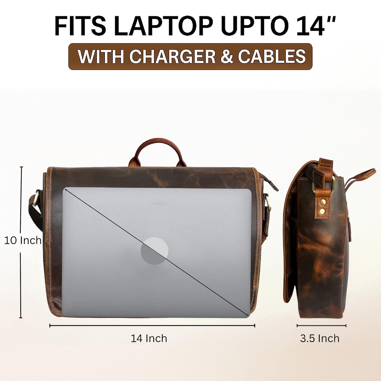 Leather Messenger Bag for Men 14" Leather Laptop Bag Vintage Crossbody Office Satchel Travel Shoulder Bag, Brown