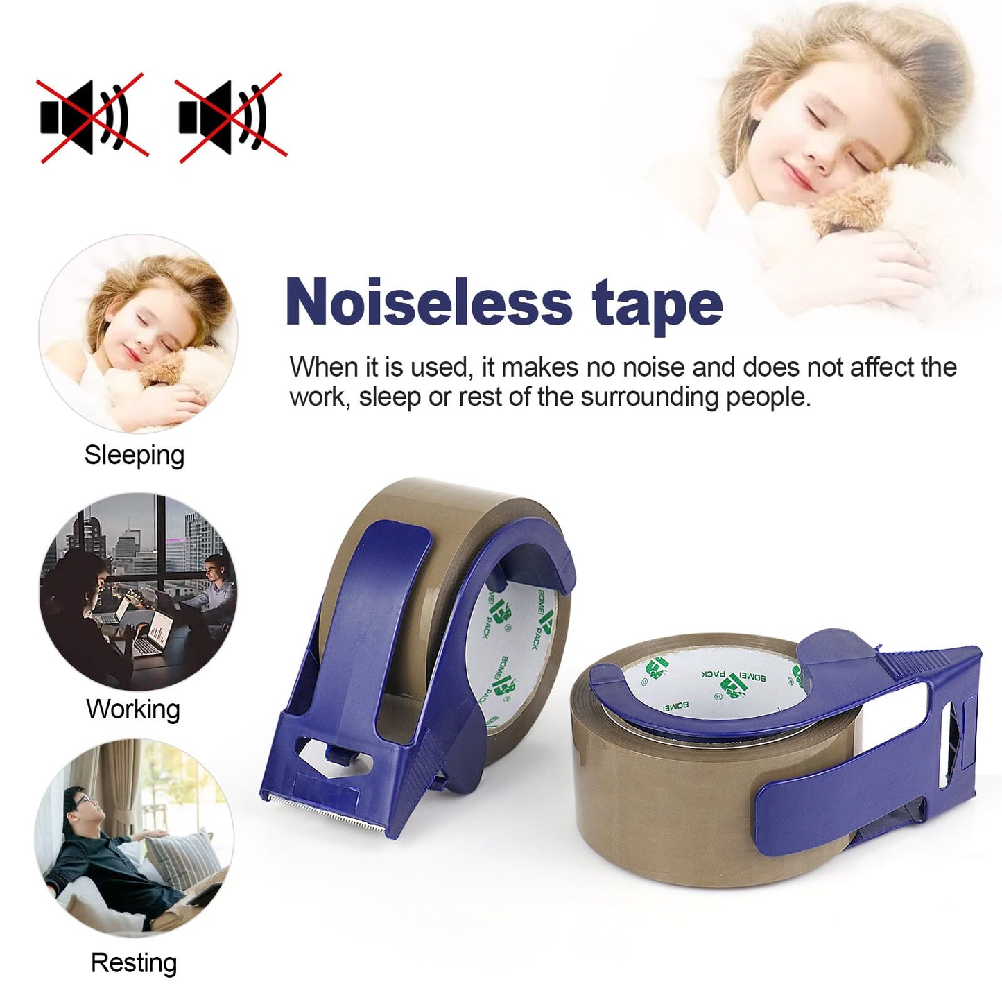 BOMEI PACK 2 Rolls Brown Noiseless Heavy Duty Packing Tape with Blue Dispenser, Packaging Tape 1.88 Inches x 60Yards, Industrial Grade Shipping Tape for Moving Packaging Shipping, Office & Storage