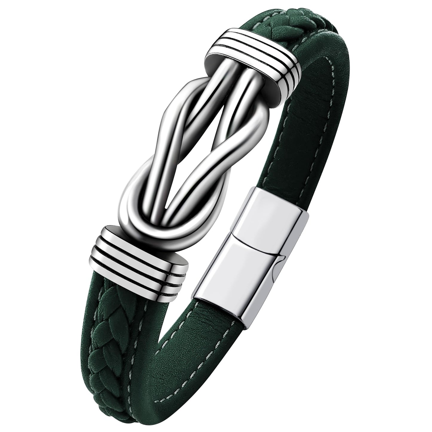 Oaldilee Mens Braided Leather Bracelet, Green Wax Rope Braided Leather Infinity Knot Bracelets for Men with Steel Clasp, 7.5in Length