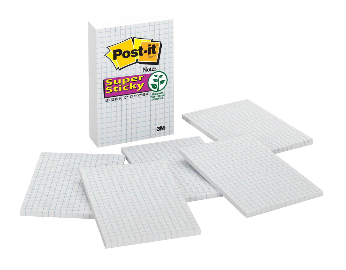 Post-it Super Sticky Notes, 6 Grid Lined Sticky Note Pads, 4 x 6 in, School Supplies, Office Products, Notes for Vertical Surfaces, Monitors, Walls and Windows, White with Blue Grid