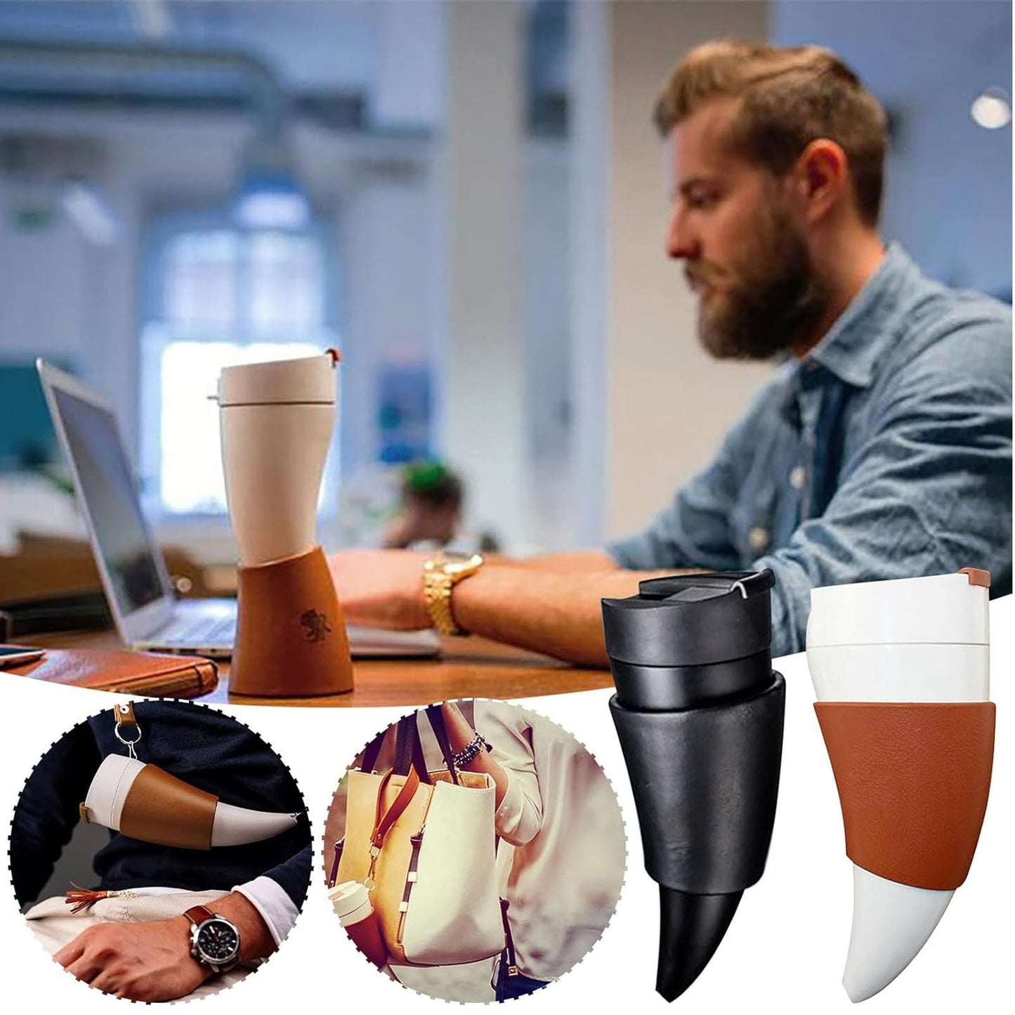 wdcfxy Creative Goat Horns Coffee Mug 230ml (12 Oz) - Leak Proof Stainless Steel Thermal Tumbler with Viking Design, Rope Handle & Lid - Unique Horn Shaped Travel Mug for Coffee Lovers Creating