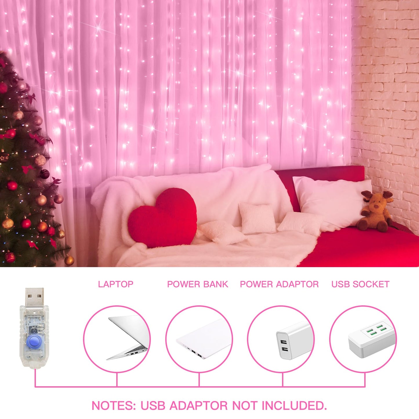 suddus Curtain Lights for Bedroom, 200 Led 6.5ft x 6.5ft Hanging String Lights Outdoor, Fairy Curtain Lights for Backdrop, Window, Wall, Wedding, Party, Garden, Porch, Birthday Decorations Pink