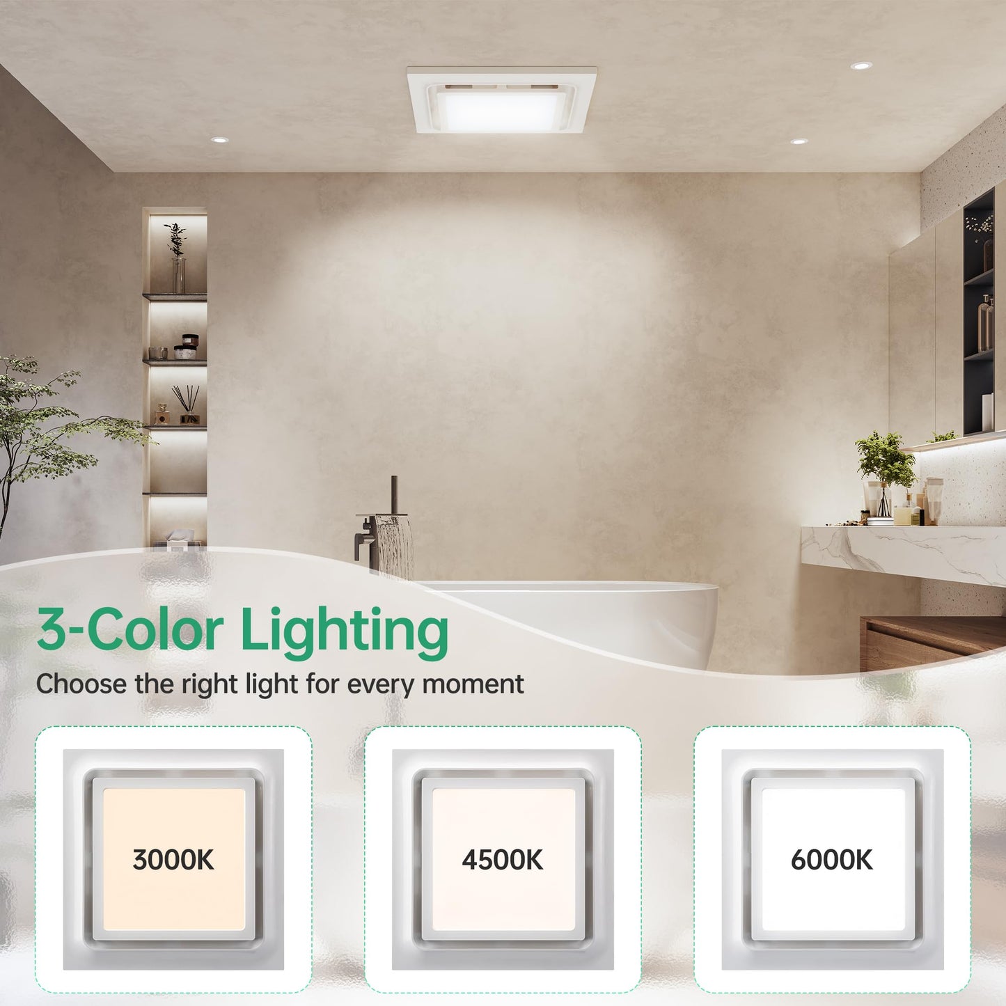 VallisCo 12 Inch Bathroom Exhaust Fan with Light, 110 CFM 1.0 Sone Ultra Quiet Ceiling Ventilation Fan, 3-Color Adjustable LED 1200 LM, Energy Efficient, 4" Duct & 10" x 10" Cutout, 12 Inch Panel Size