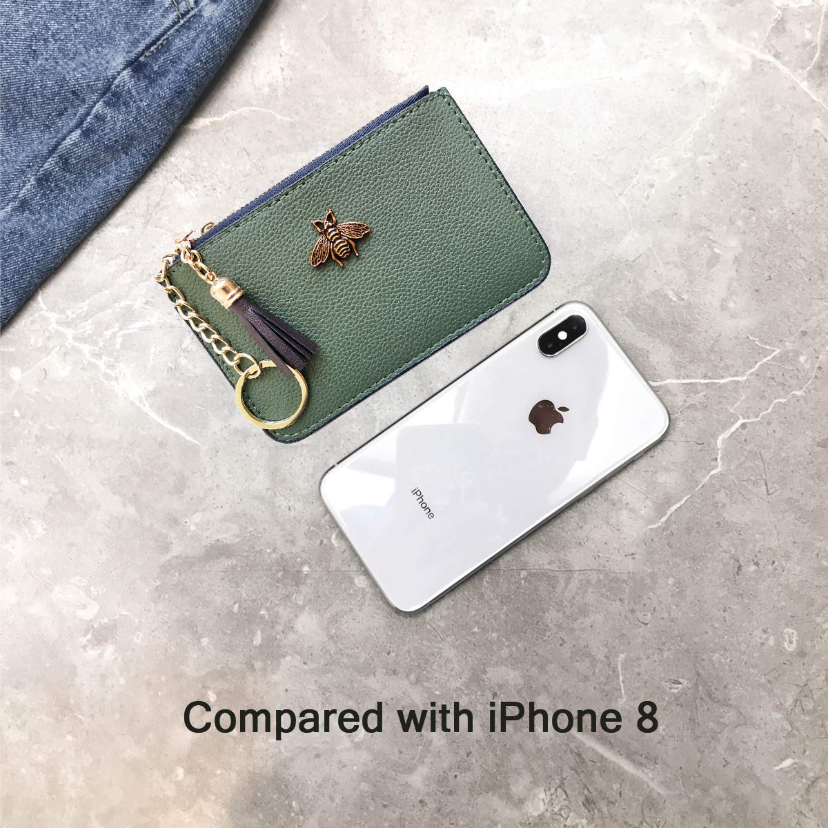 AnnabelZ Women's Coin Purse Change Wallet Pouch Leather Card Holder with Key Chain Tassel Zip (CH Army Green)
