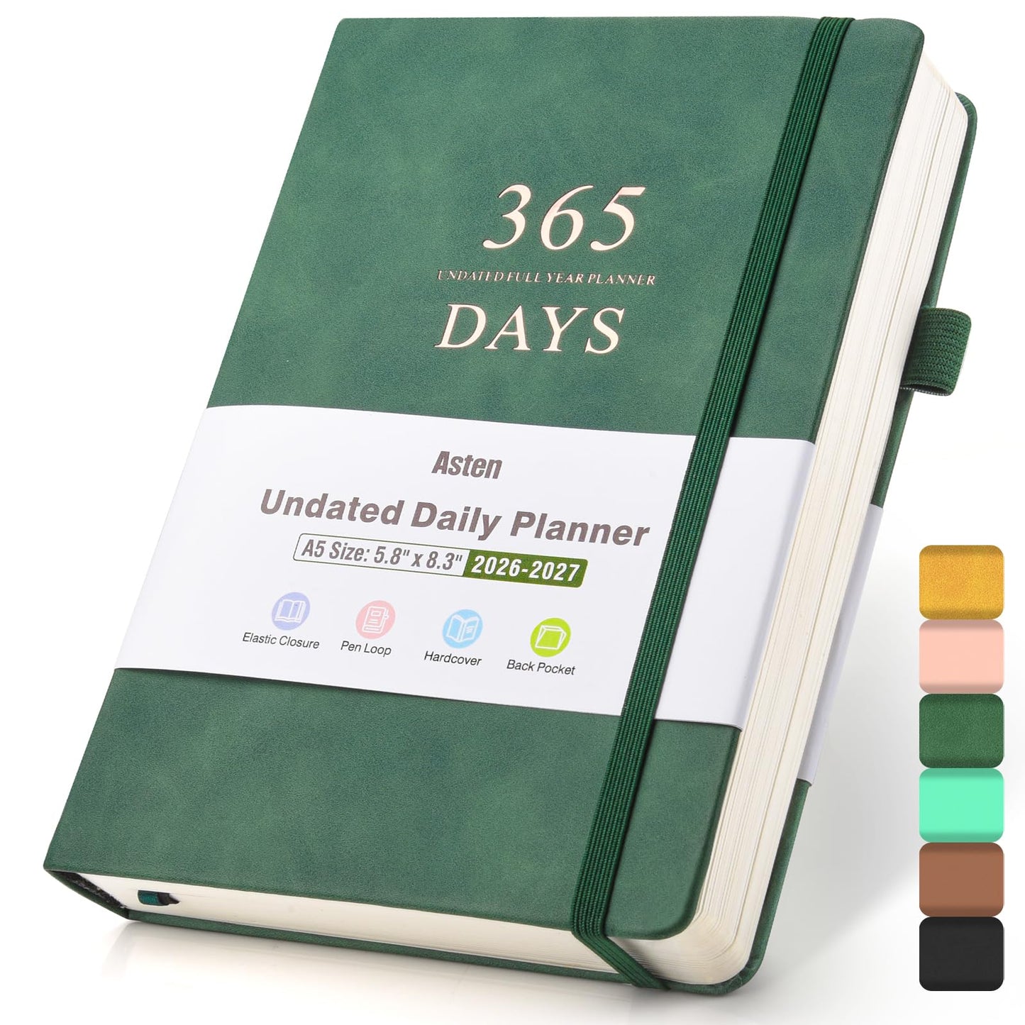 Asten Planner, Undated Daily Planner with To Do List, 365 Days Planner for ADHD, Hourly Planner Notebook for Goal Setting, Productivity Organizer with Calendar, 8.3'' x 5.8''(Green)