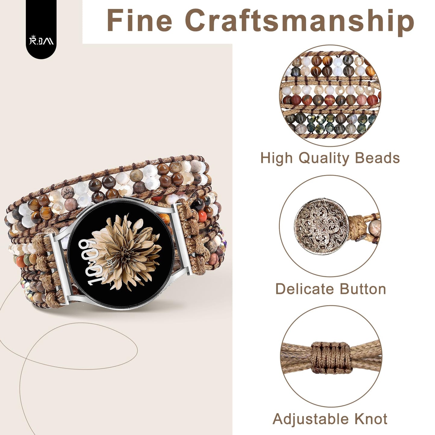 JR.DM Boho Beaded Handmade Braided Bracelet Band Women 20mm Compatible with Samsung Galaxy Watch 7/6/5/4/Active 2/4 Classic/6 Classic/5 Pro/FE 40mm 42mm 43mm 44mm 45mm 46mm 47mm