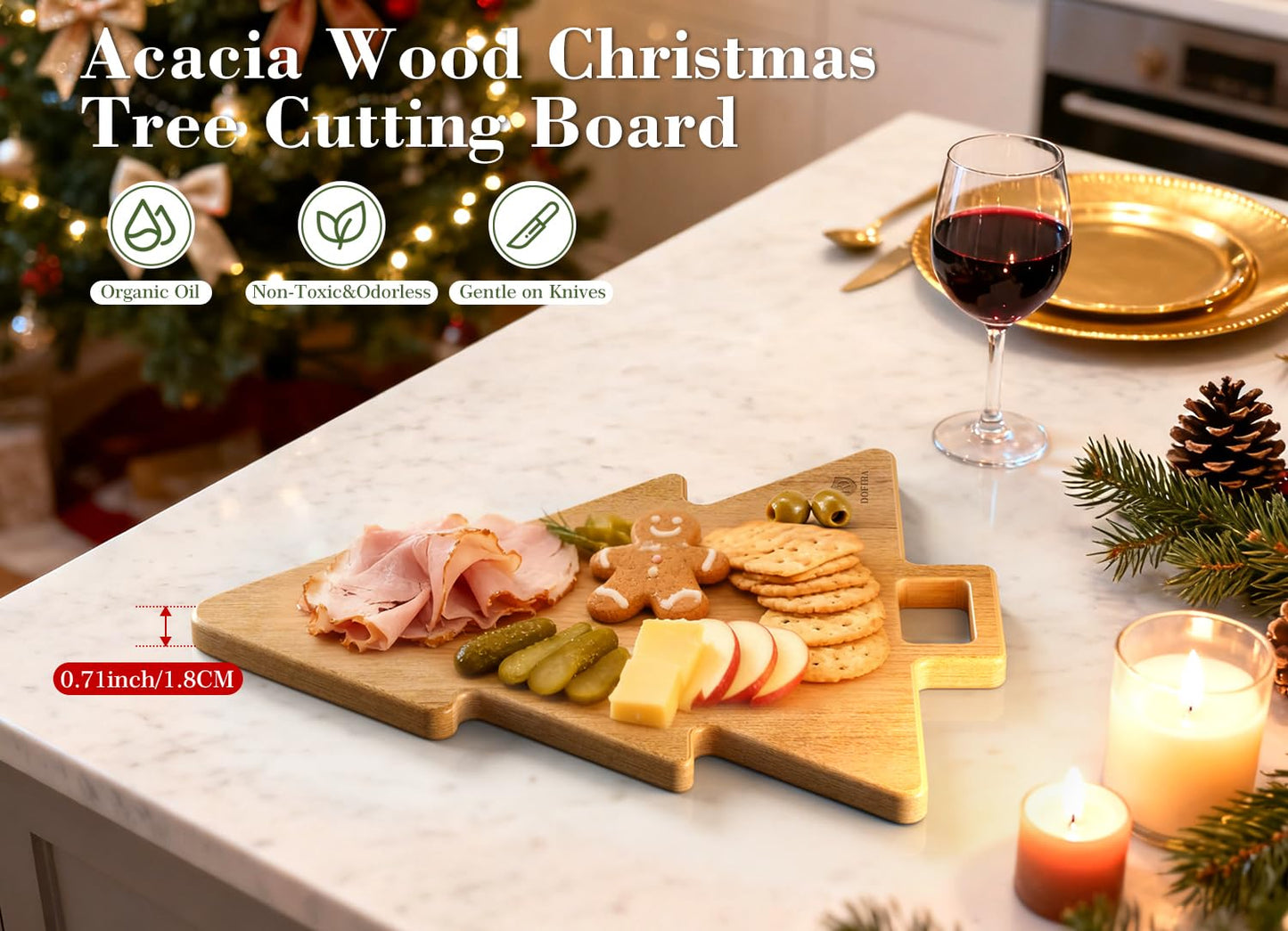 Dofira Acacia Wood Christmas Tree Cutting Board 15x12 Inch Charcuterie Board with Handle, Xmas Cheese Appetizer Tray, Wooden Decorative Serving Platter for Holiday Kitchen Party