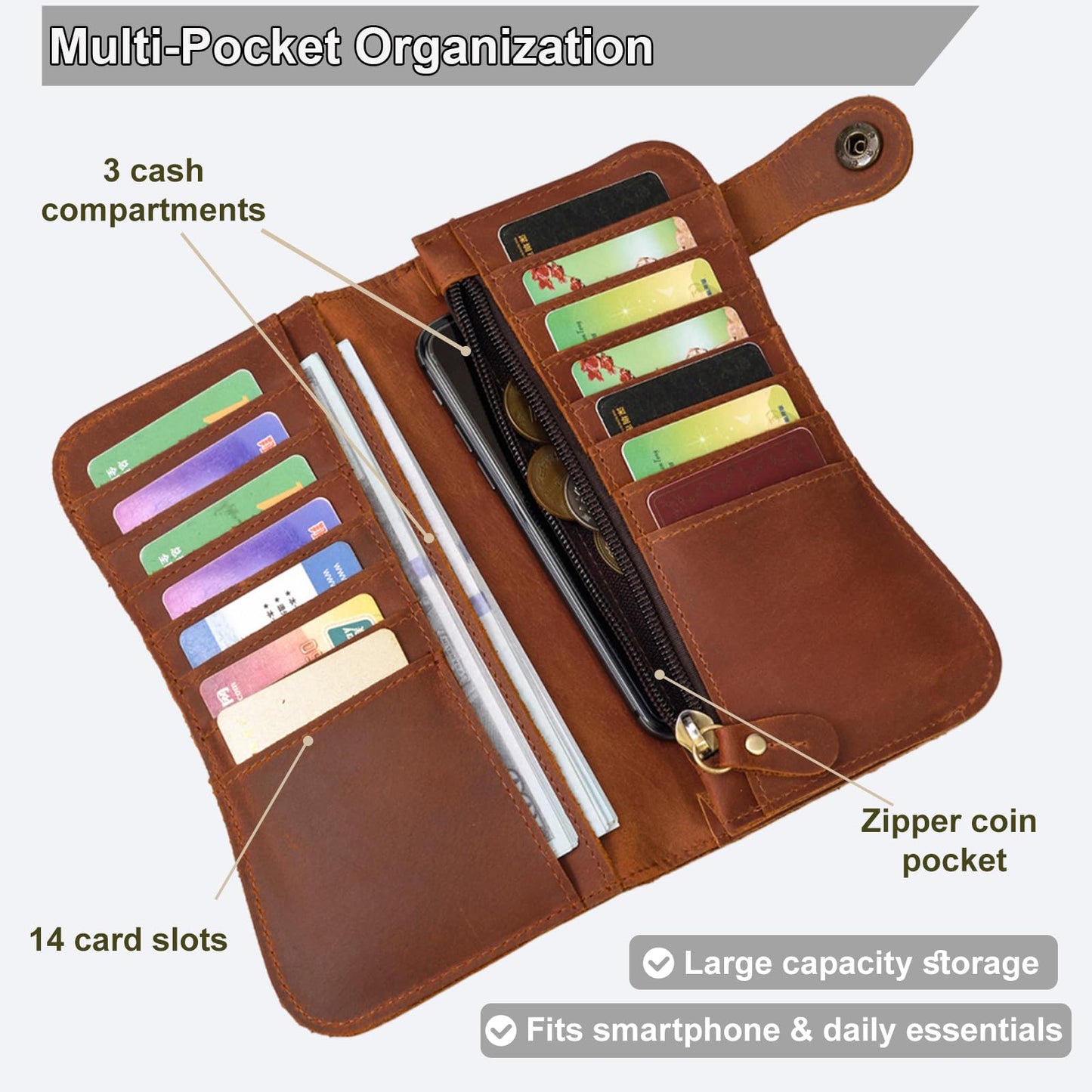 Yevabo Retro Full-grain Genuine Leather Long Wallet Tiger Embossed Bi-fold Clutch Wallet with Anti-Theft Chain, Card Holder Zipper Coin Purse for Men, Brown