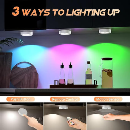 3PCS Motion Sensor Step Light, Wireless Rechargeable Puck Lights with Remote, Under Cabinet Lights with 3 Colors&RGB, Magnet Stick on Light for Closet, Hallway, Stairway, Bathroom, Bedroom, Kitchen