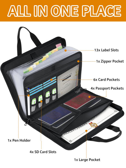 onvvippiv Important Document Organizer Folio Accordion File Organizer Fireproof Expanding File Folder Storage Box with Zipper Labels 13 Pockets for Business Office Receipt Travel