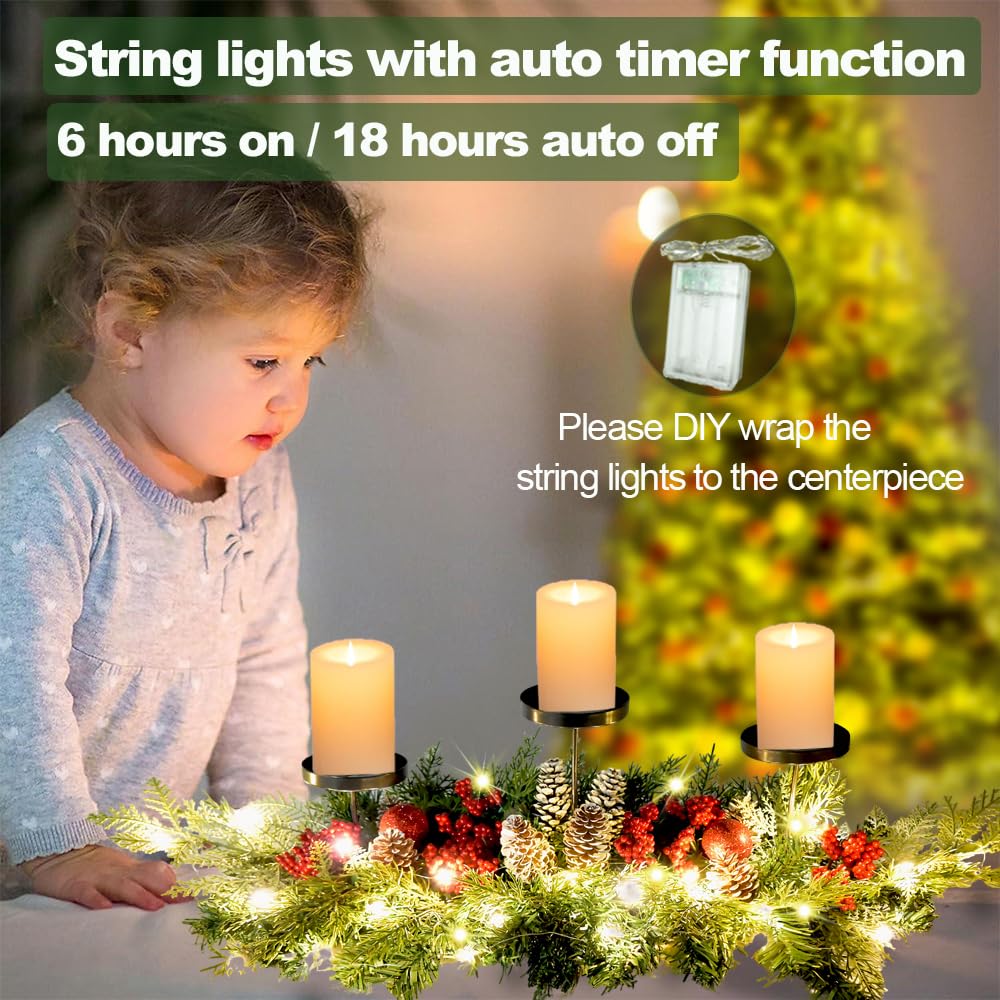 27.6" Christmas Table Centerpiece with Lighs Christmas Candle Holders with 3 Trays Red Berries Balls Pine Cones Xmas Pine Garland Lights Decoration for Centerpiece Table Mantel Holiday Home Decor