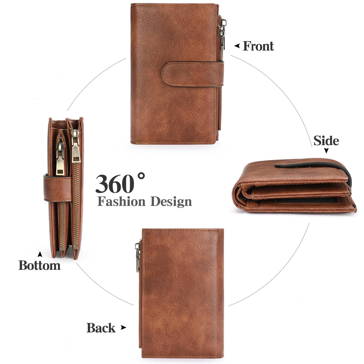 GOIACII Womens Wallets RFID Blocking Leather Trifold Clutch Wallet Credit Card Holder Ladies Purse 3 ID Windows Brown