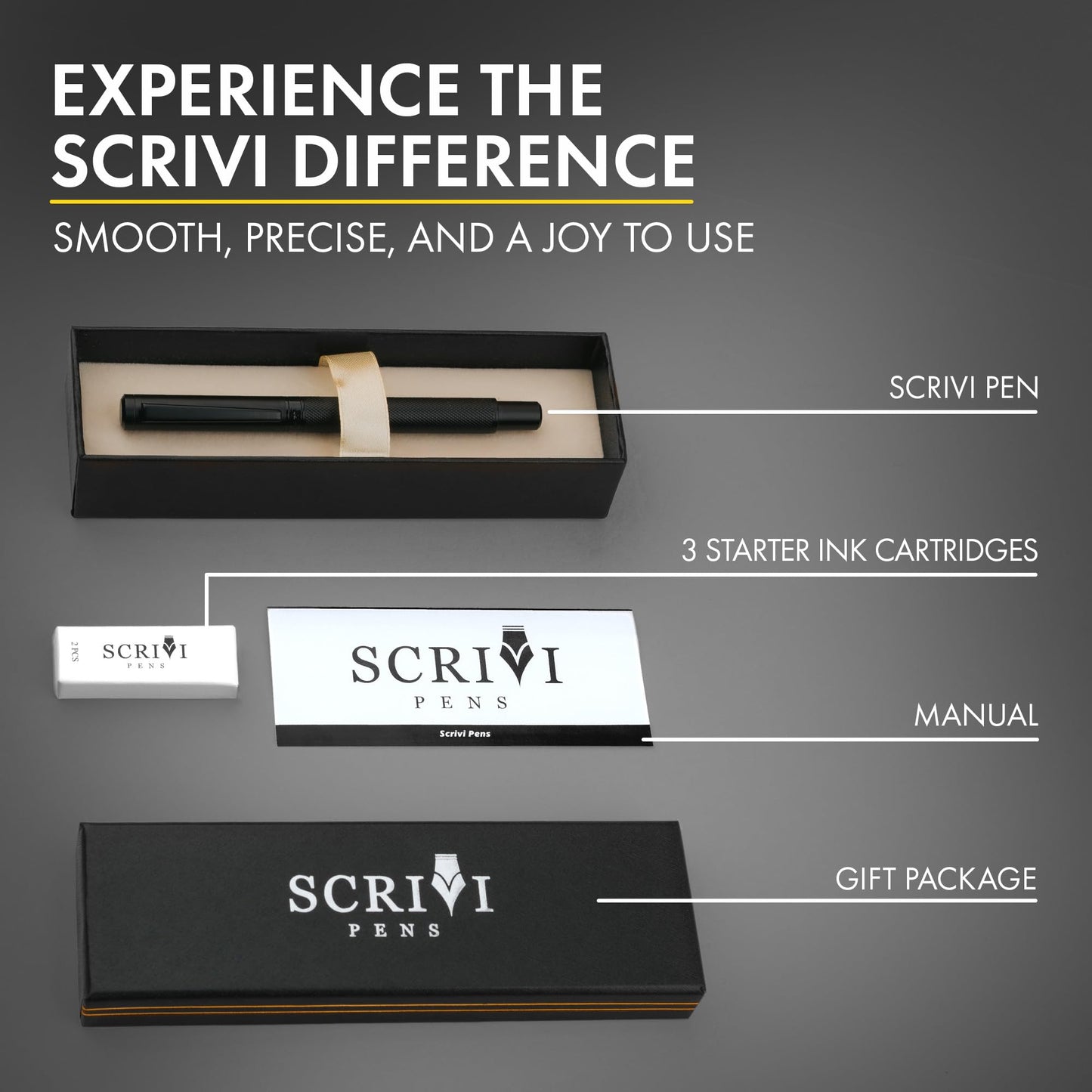 Scrivi Pens Luxury Fountain Pen Set-[Black] Fountain Pens for Writing - Smooth Extra Fine Nib - Includes Refillable Ink Converter, 5 Ink Cartridges [Black & Blue], Gift Box - Elegant Calligraphy