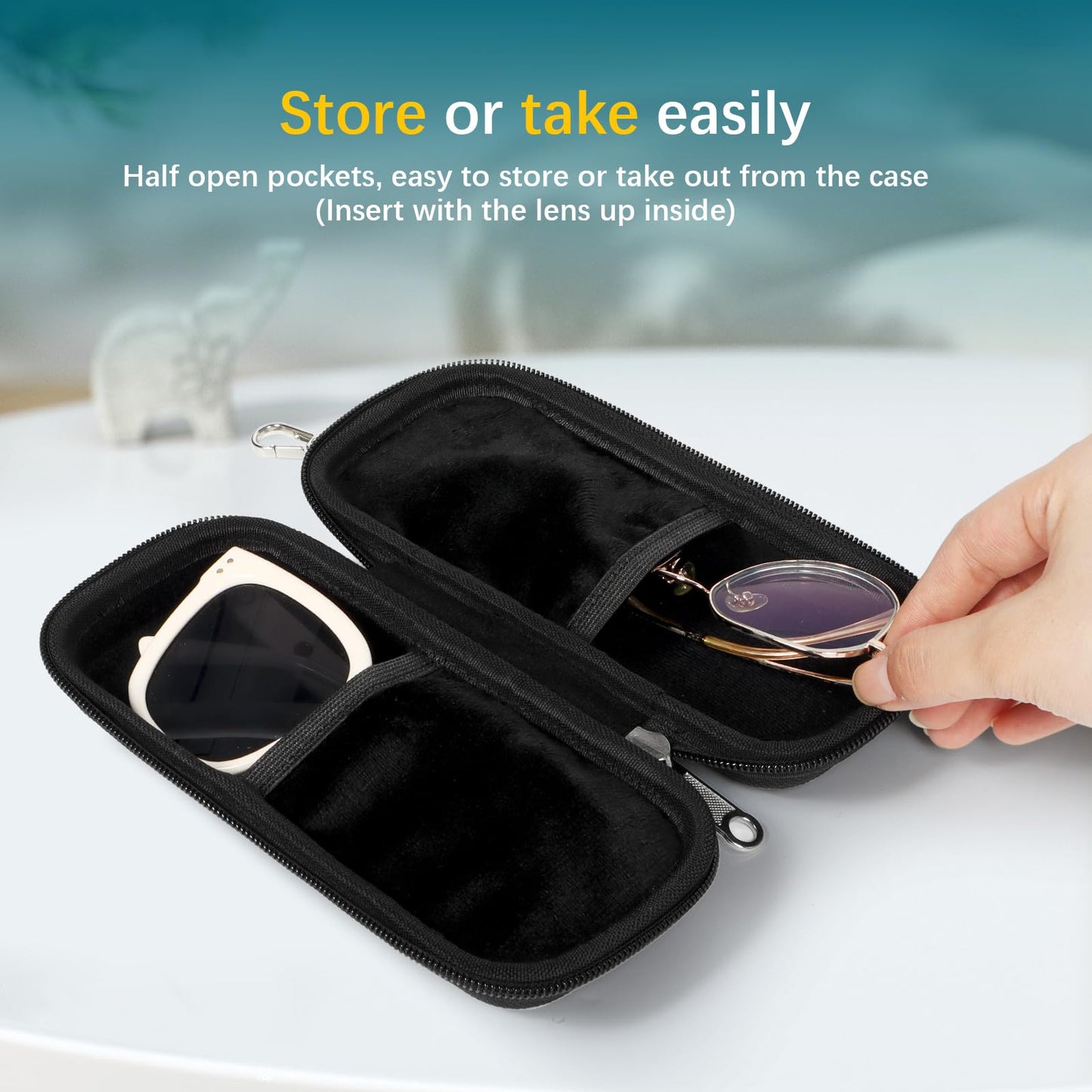 Tangoner Double Eyeglasses Case Hard Shell Dual Sunglasses Organizer with Zipper Closure Travel Eyewear Storage for Vehicle holds 2 Pairs of Glasses, Black