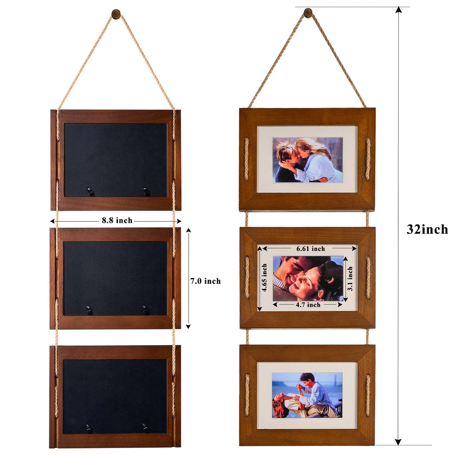 DLQuarts 5x7 Hanging Picture Frames Collage Wall Decor, 3 Opening 5x7 Matted to 3.5x5 Photo Rustic Wood Frame, Dark Walnut, 2 Pack