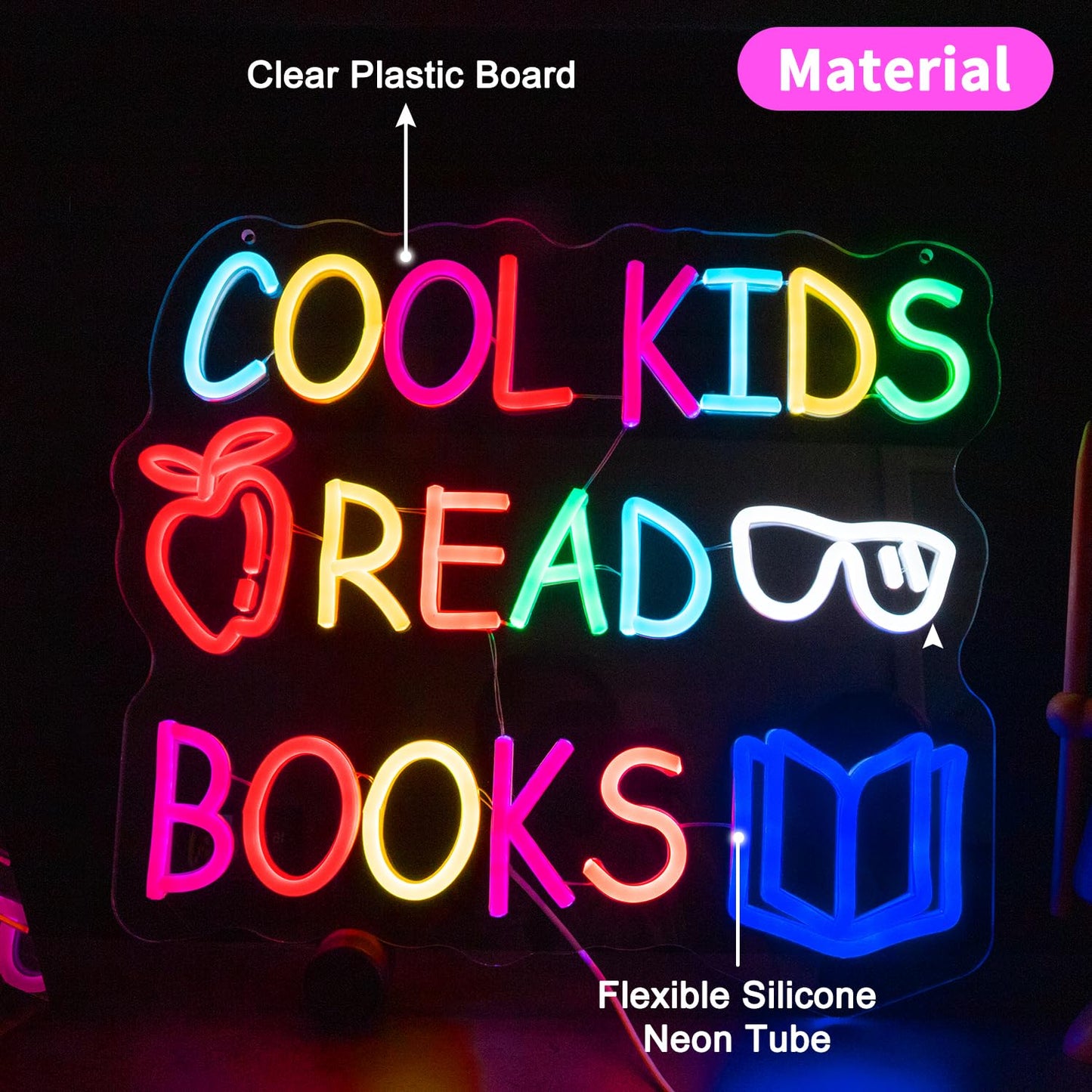 Cool Kids Read Books Neon Sign for Wall Decor, Reading Letter LED Neon Lights Library Neon Signs, Kids Room Reading Corner Classroom Christmas Bedroom Decoration 16.06 x 14.17 inch