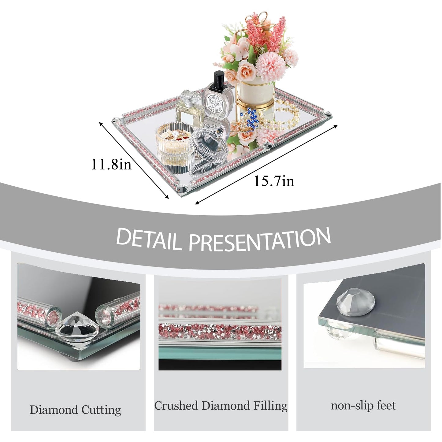 Large Crystal Serving Tray, 15.7" x 11.8" Crushed Diamond Mirror Perfume Rectangular Makeup Display Tray, Crystal Makeup Organizer for Bathroom, Home Decor, Cosmetics, Dresser(Rose Red)