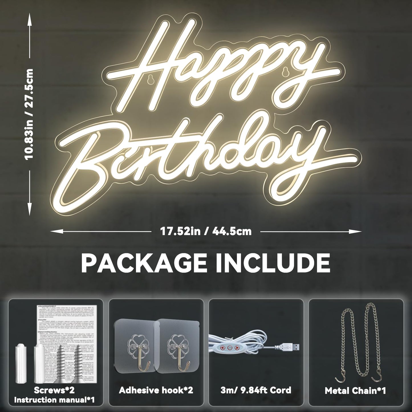 Happy Birthday Neon Sign for Wall Decor, Dimmable LED Birthday Neon Light for Wall Decor Light Up Happy Birthday Led Signs for Backdrop Birthday Any Ages Bday Celebration Decoration, Warm White