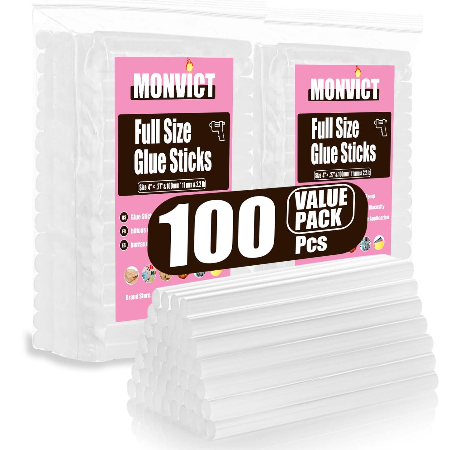 MONVICT Hot Glue Sticks, Pack of 100 (2.2 lb) 4"Long 0.43" Diameter Full-Size Hot Glue Gun Sticks Art Glues Pastes Hot Melt Sticks for Most Large Glue Guns, Clear Glue Sticks for DIY, Arts & Crafts