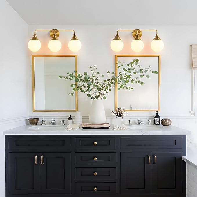 Bathroom Vanity Light Fixtures: 3-Light Mid Century Modern Bathroom Lighting Fixtures Over Mirror - Brass Gold Wall Sconce with Milky White Globe Glass for Bath Living Room