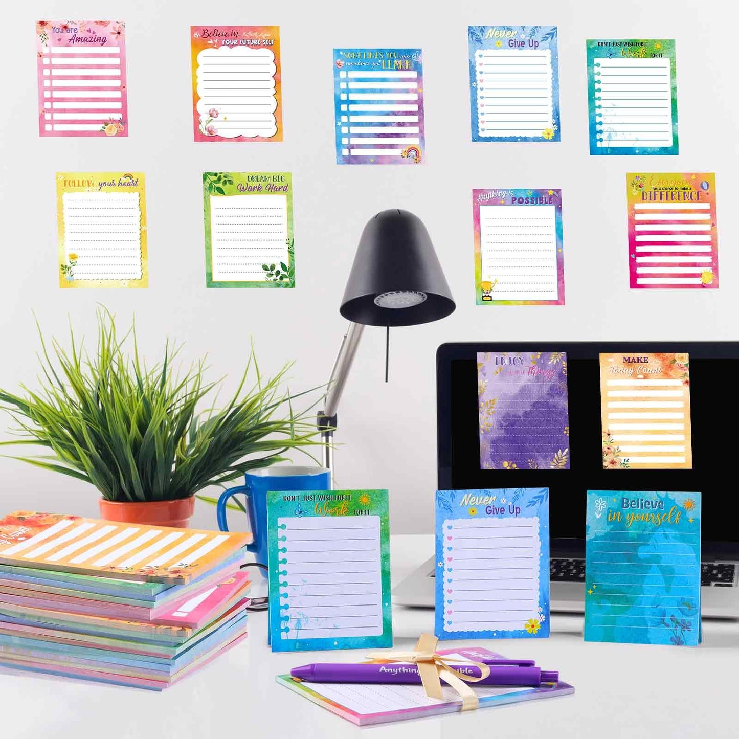 Yeaqee 12 Set Employee Appreciation Gifts 12 Empowering Sticky Notepads 12 Pens 12 Ribbons Motivational Sticky Notes Inspirational Pens for Office Supplies(Watercolor)