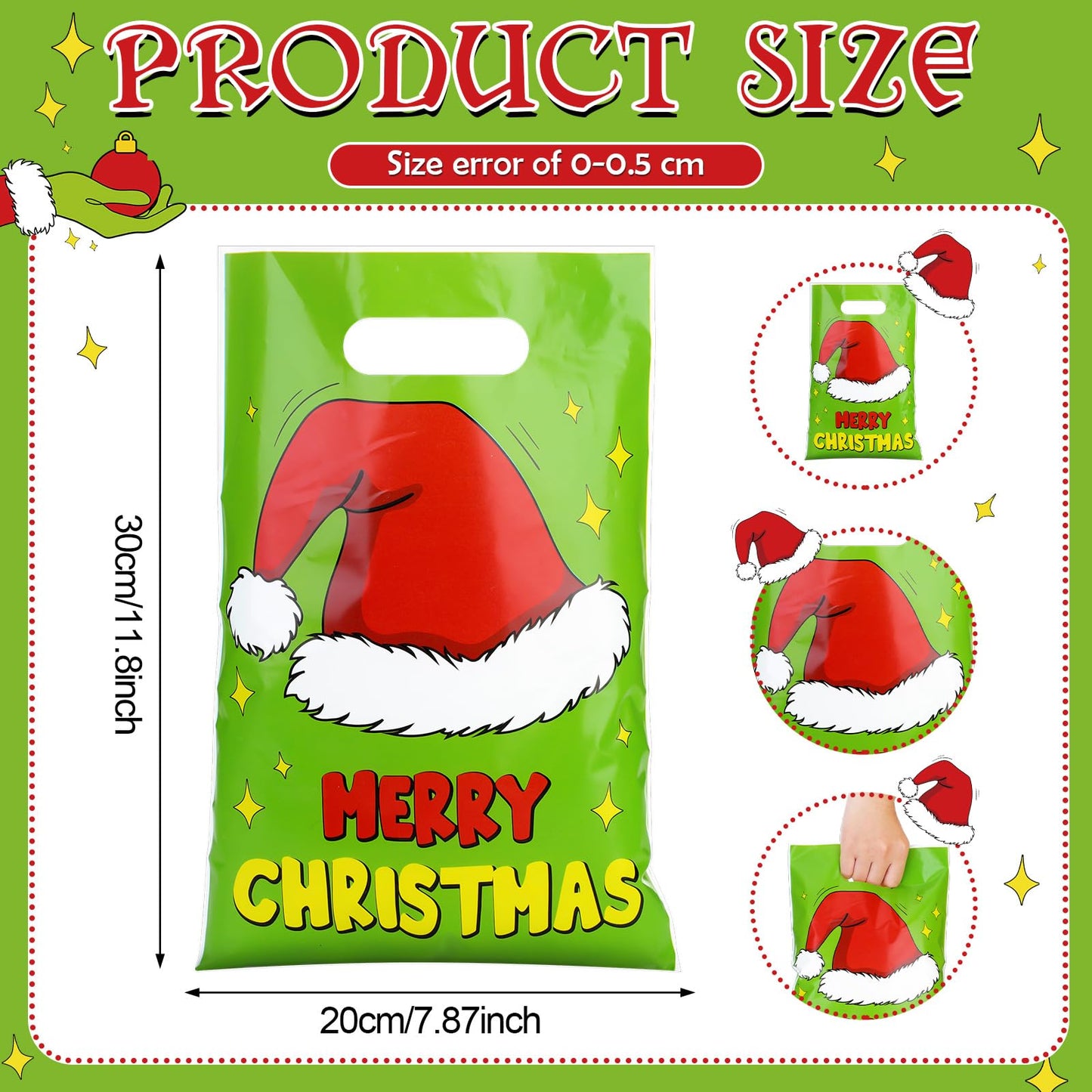 Supervitae 50 Pcs Merry Christmas Gift Bags with Handle Green Elf Xmas Goodie Bags Funny Cartoon Character Candy Bag for Xmas Snack Cookie Packing Party Favors