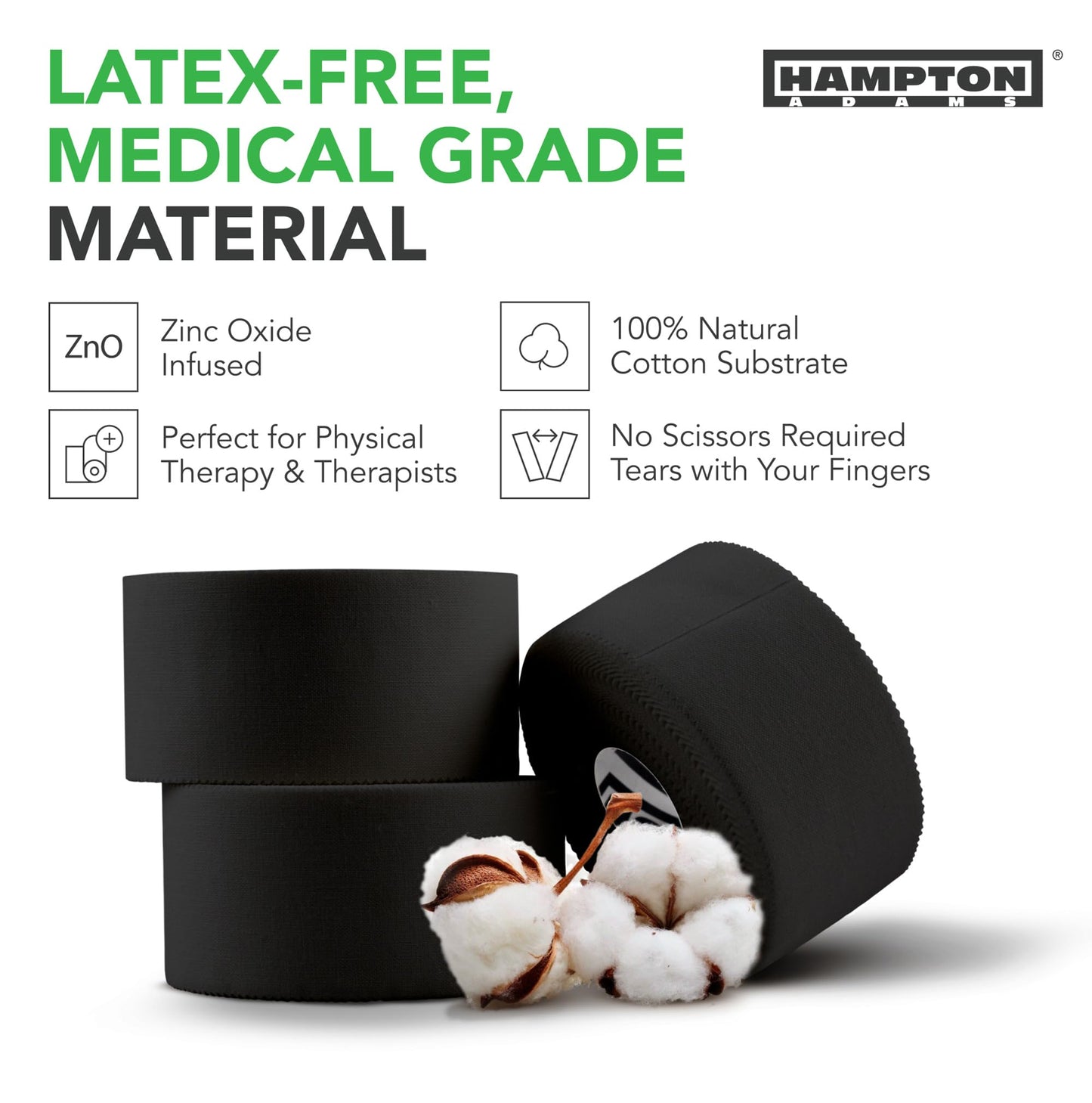 Hampton Adams | As Seen on Shark Tank | Original Athletic Sports Tape (3-Pack) | 45ft Rolls | Very Strong Easy Tear NO Sticky Residue | Best Tape for Athlete & Trainers | Fingers Ankles (Black)